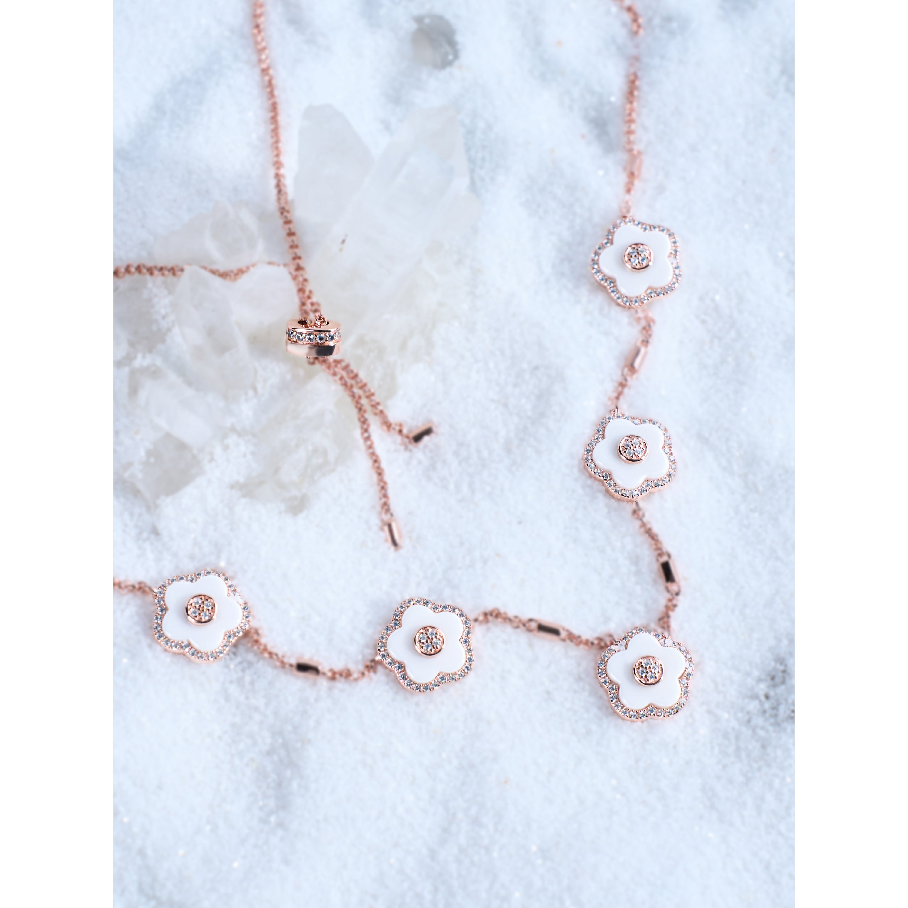 Classic Flower Necklace Brass 18k Rosegold Plating & White Ceramic 420-650mm with sliding clasp