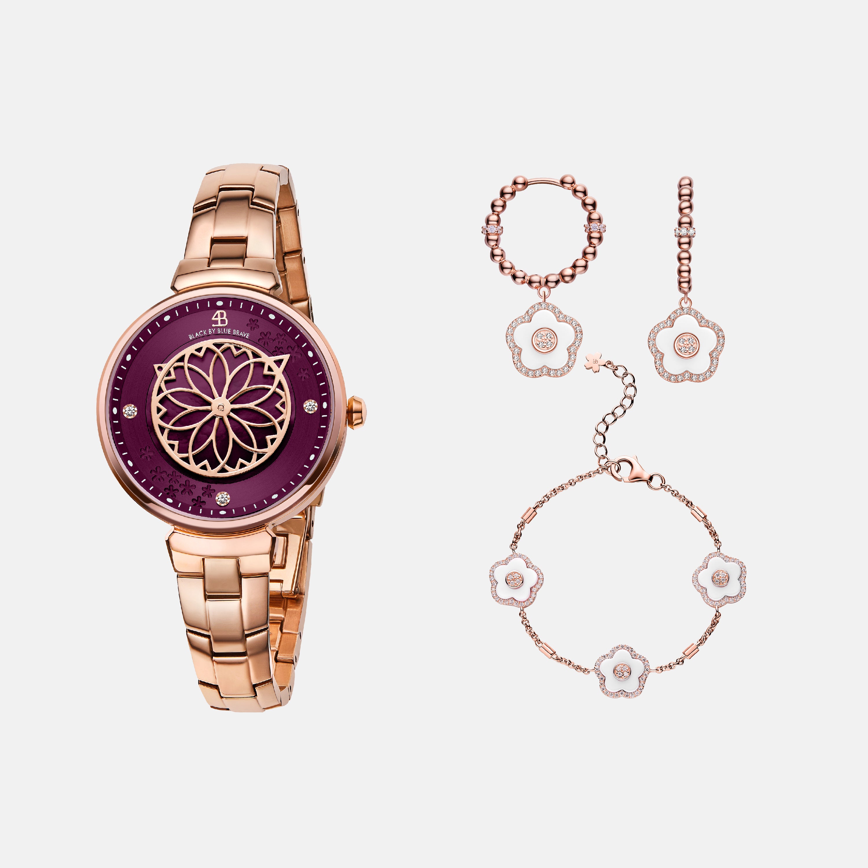 RUBY RED CHERRY BLOSSOM WATCH WITH FLOWER CERAMIC JEWELLERIES（EARRINGS & BRACELET）