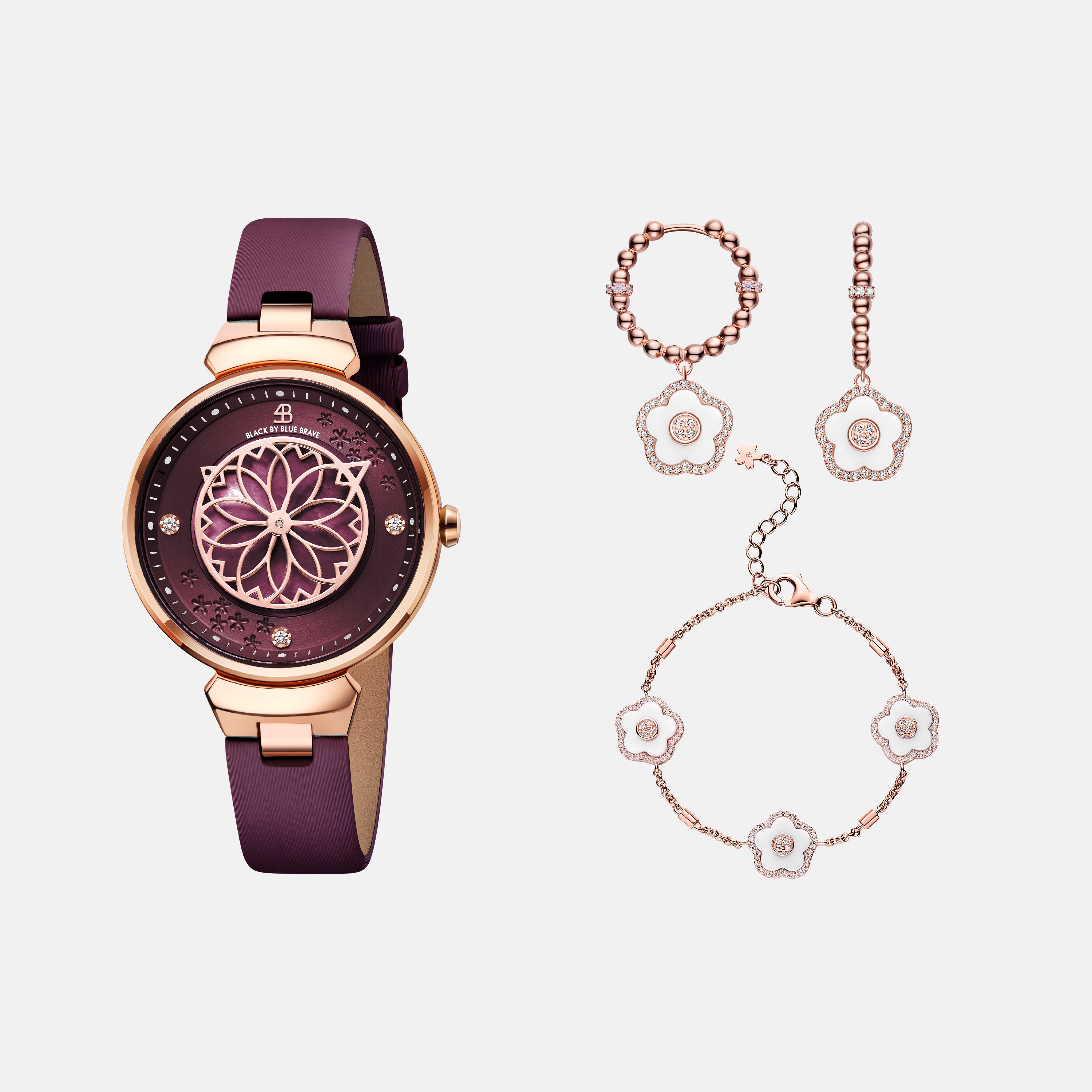 RUBY RED CHERRY BLOSSOM WATCH WITH FLOWER CERAMIC  JEWELLERIES（EARRINGS & BRACELET）