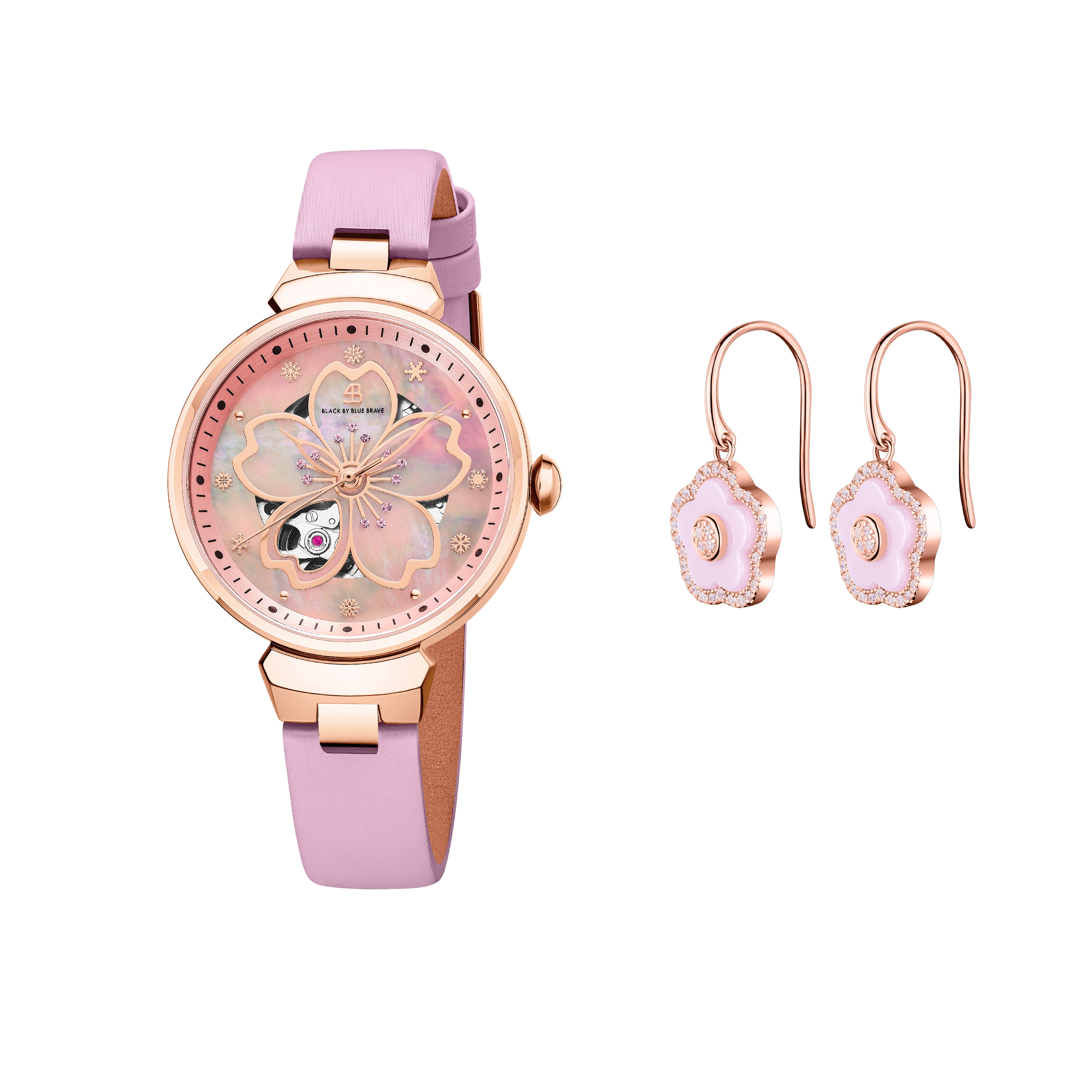 Pink Cherry Blossom 36mm Automatic Watch & Rosegold Flower Earrings & Pink Ceramic Ceramic