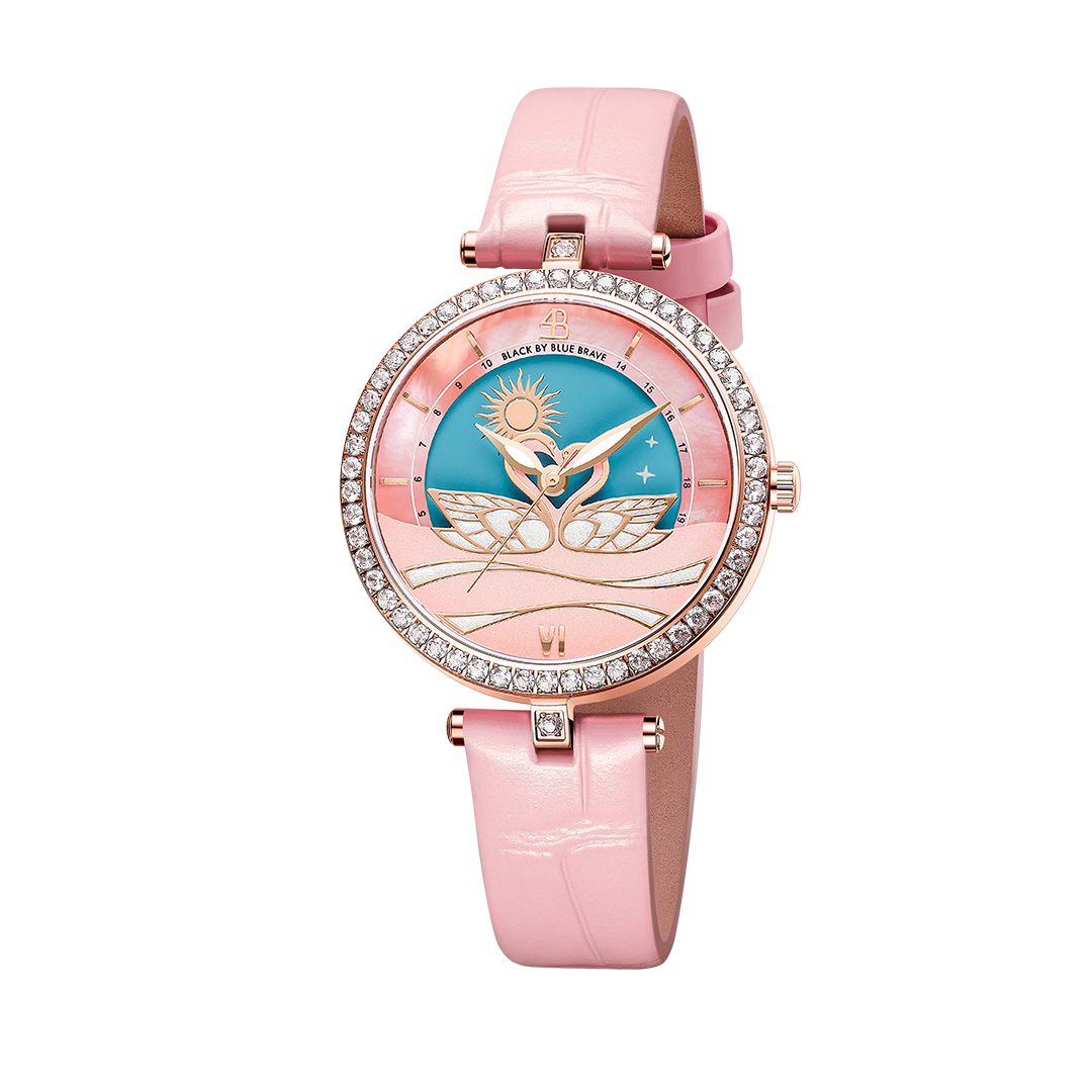Swan Lovers 34mm Pink Moon Phase Dial Leather Strap Watch