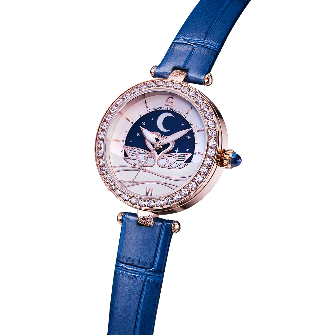 Swan Lovers 34mm Blue Moon Phase Dial Leather Strap Watch