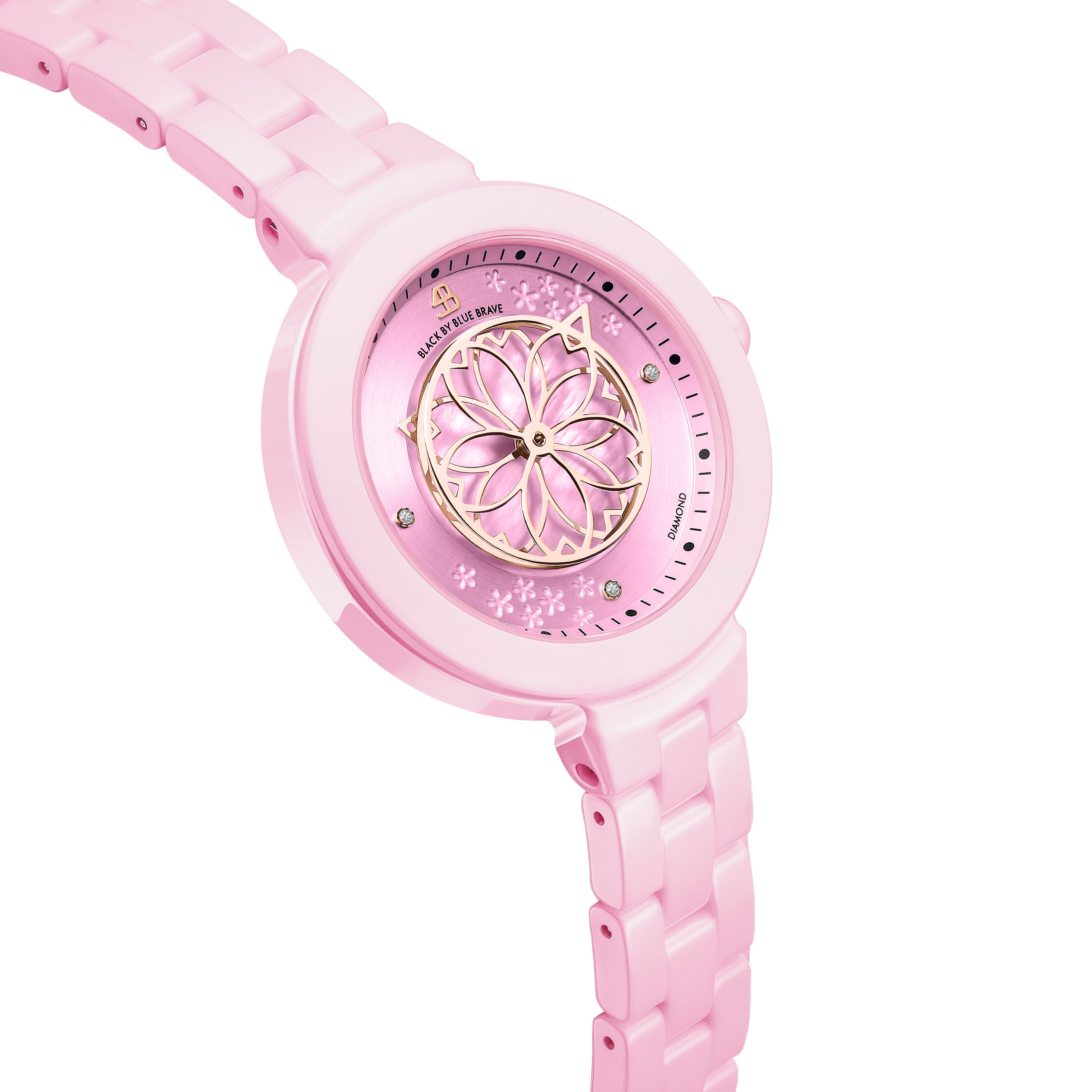 Pink Diamond Cherry Blossom Ceramic Watch With Flower Ceramic Necklace