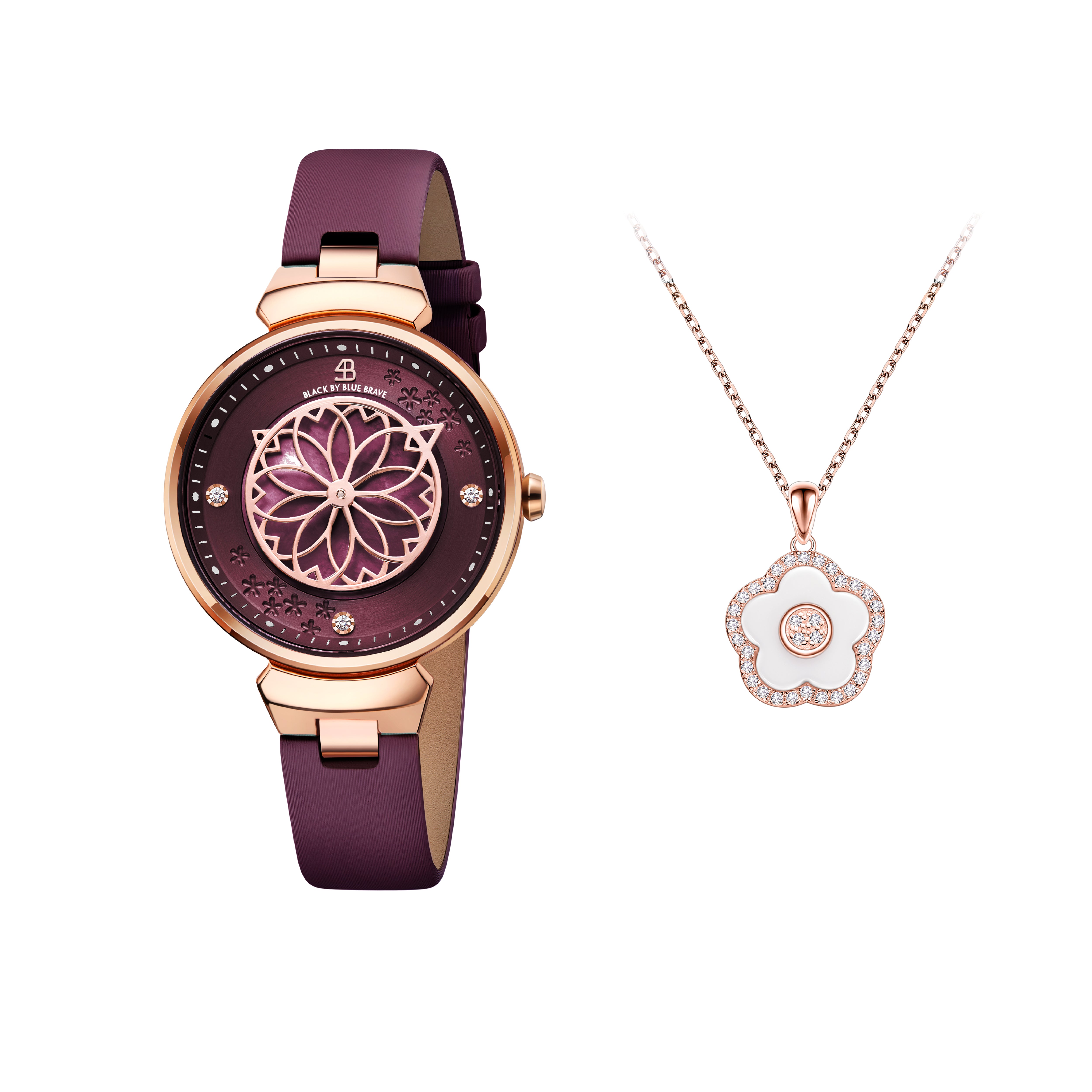 Ruby Red Cherry Blossom Watch With Rosegold Flower Necklace & White Ceramic