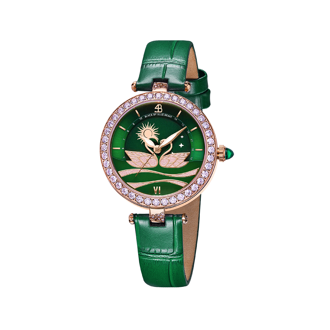 Swan Lovers 34mm Green Moon Phase Dial Leather Strap Watch