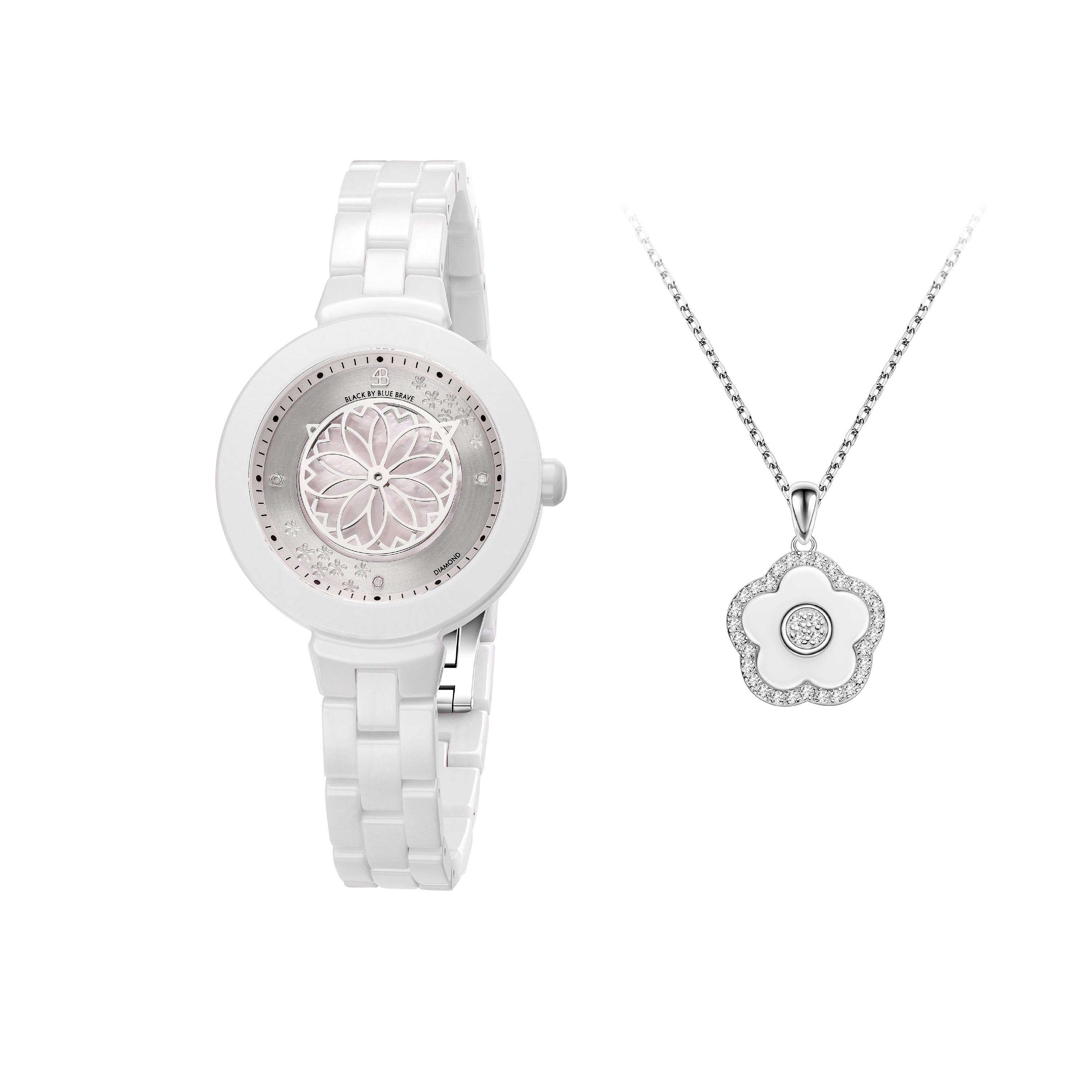 White Diamond Cherry Blossom Ceramic Watch With Flower Ceramic Necklace