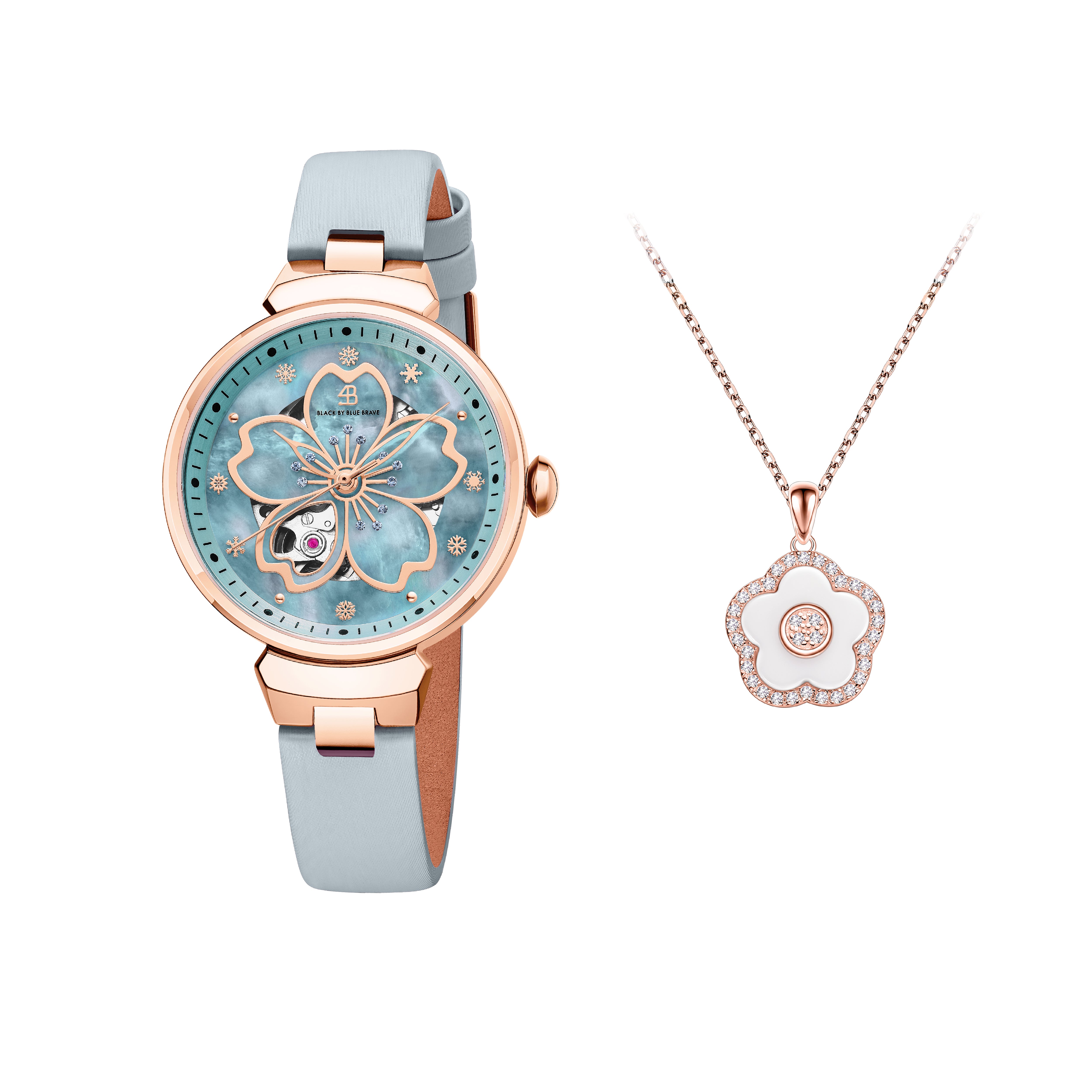 Blue Cherry Blossom 36mm Automatic Watch & Rosegold Flower Necklace & White Ceramic