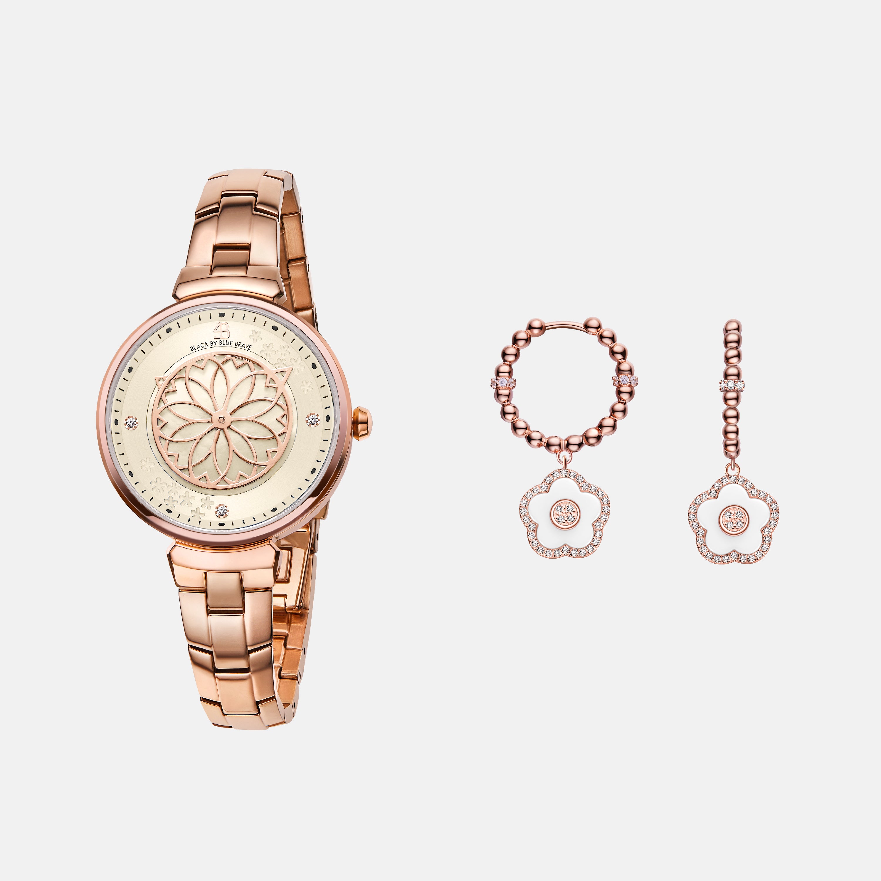 CHAMPAGNE CHERRY BLOSSOM WATCH & FLOWER CERAMIC EARRINGS