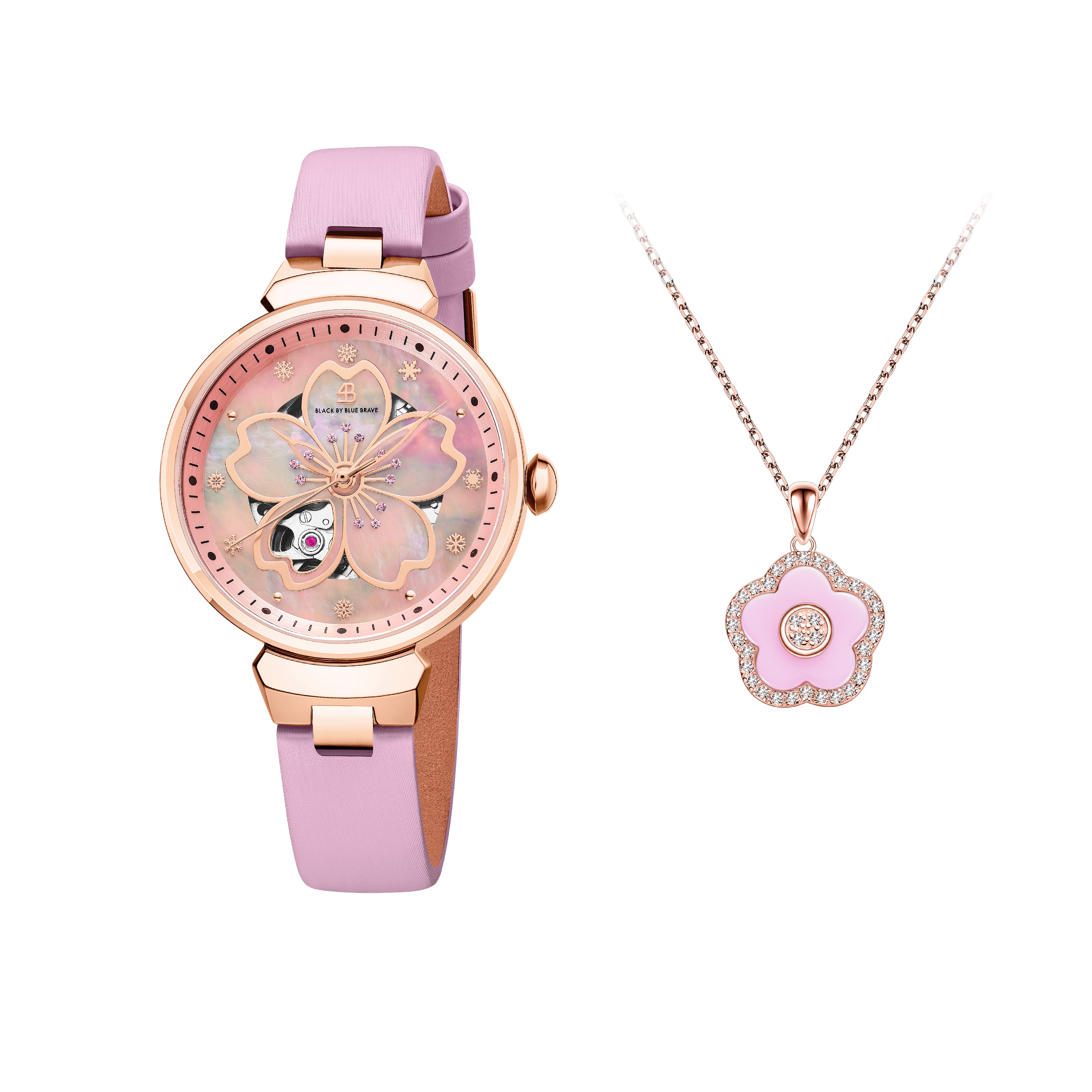 Pink Cherry Blossom 36mm Automatic Watch & Rosegold Flower Necklace & Pink Ceramic