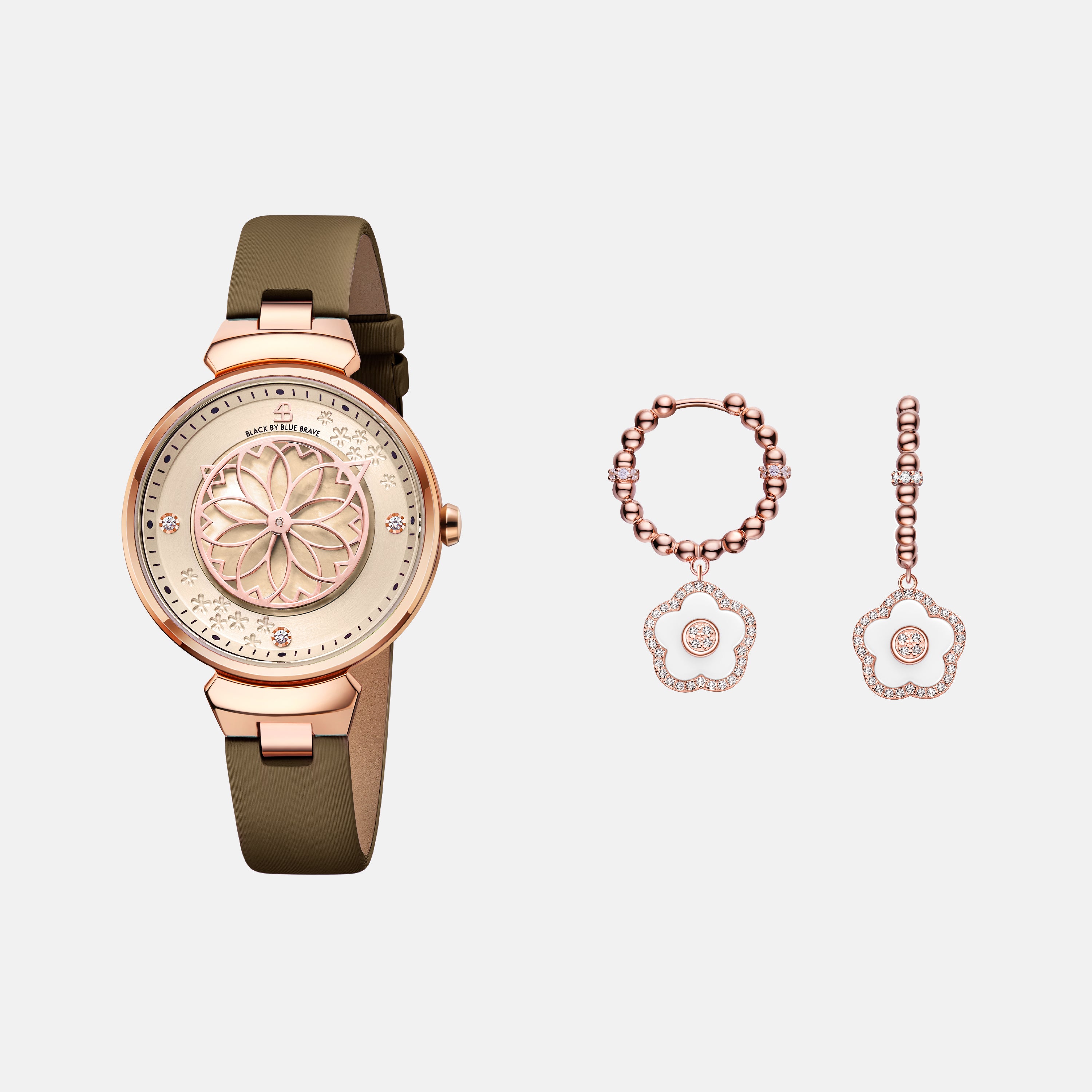 CHAMPAGNE CHERRY BLOSSOM WATCH & FLOWER CERAMIC EARRINGS