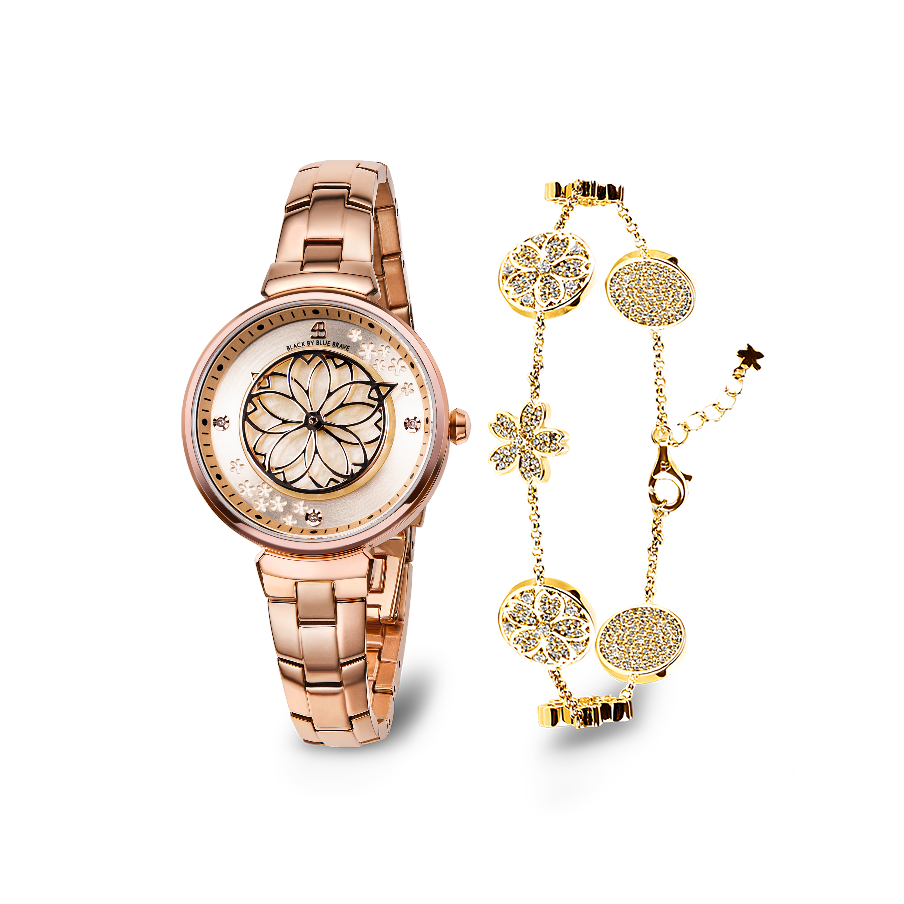 Champagne Cherry Blossom Rose Gold Bracelet Watch With Gold Cherry Blossom Symphony Bracelet