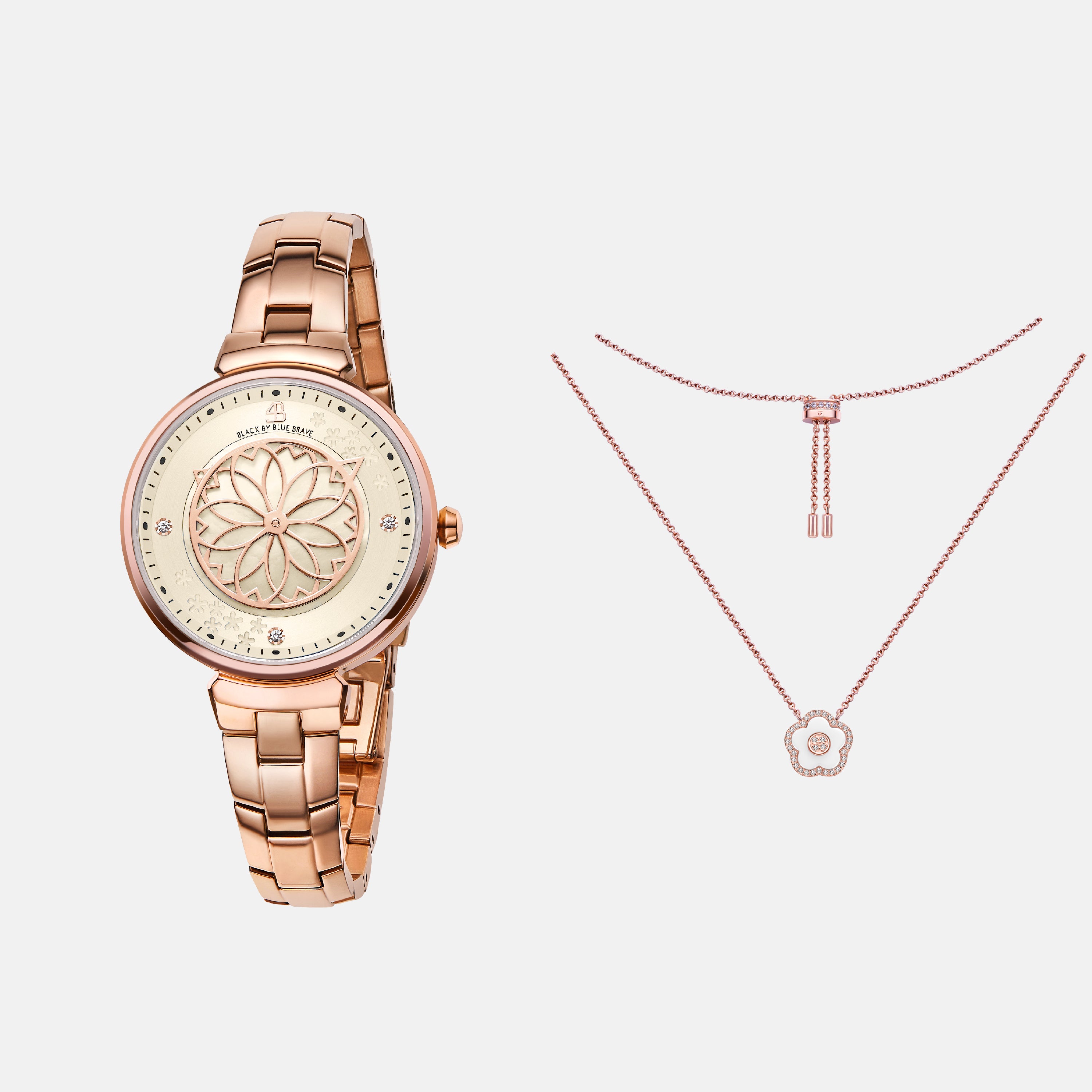 CHAMPAGNE CHERRY BLOSSOM WATCH WITH ROSEGOLD FLOWER NECKLACE & WHITE CERAMIC