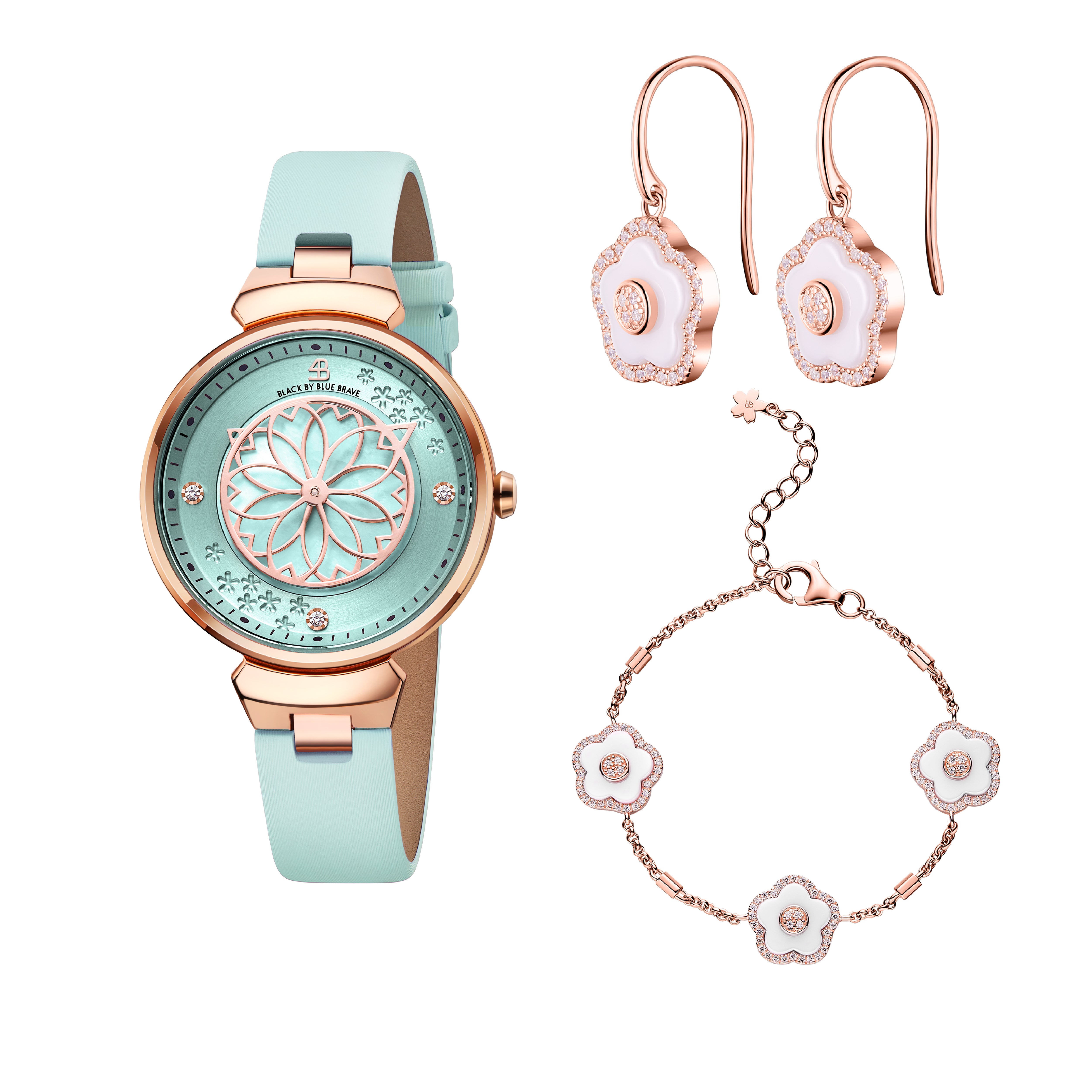 Blue Cherry Blossom Watch With Flower Ceramic  Jewelleries（Earrings & Bracelet）