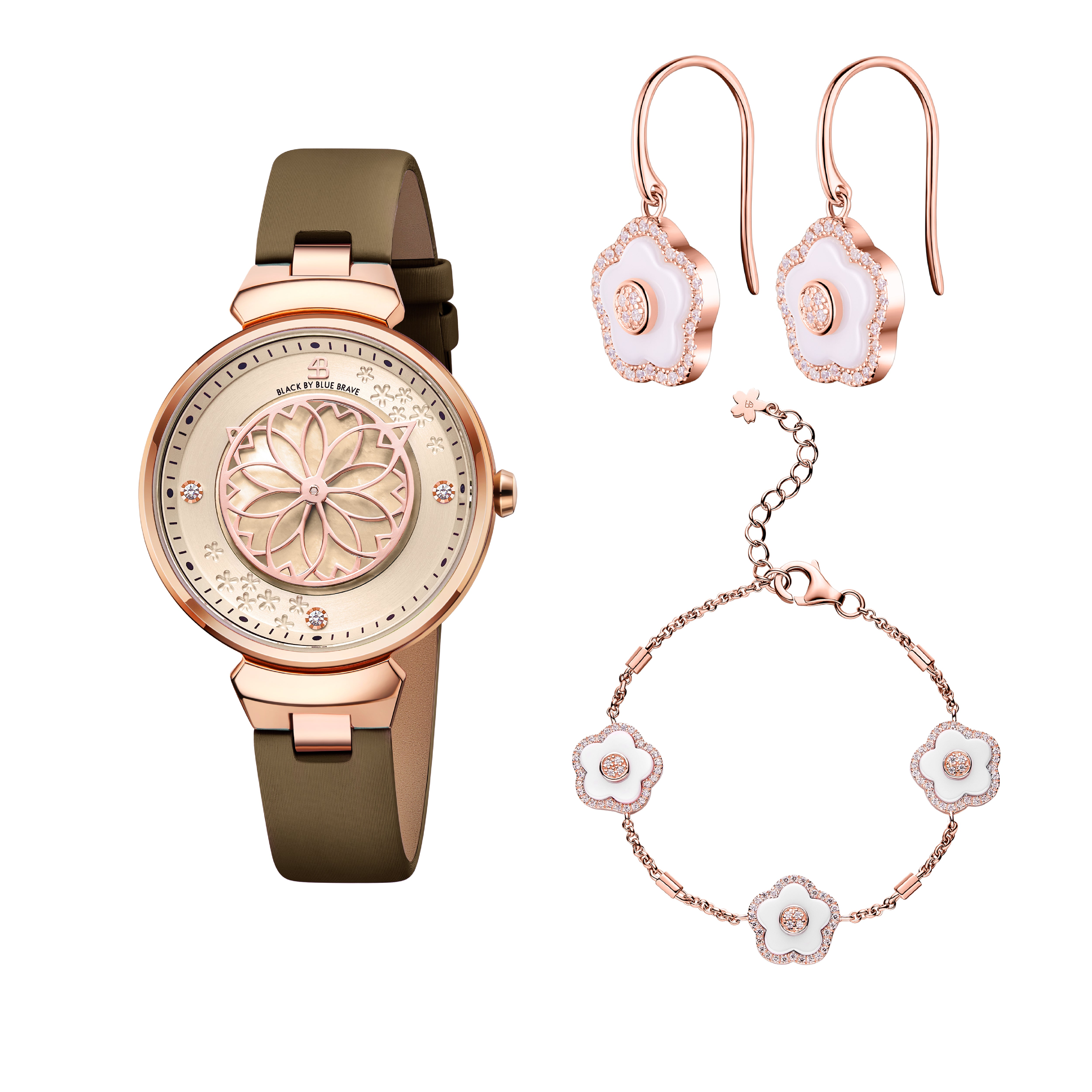 Champagne Cherry Blossom Watch With Flower Ceramic  Jewelleries（Earrings & Bracelet）