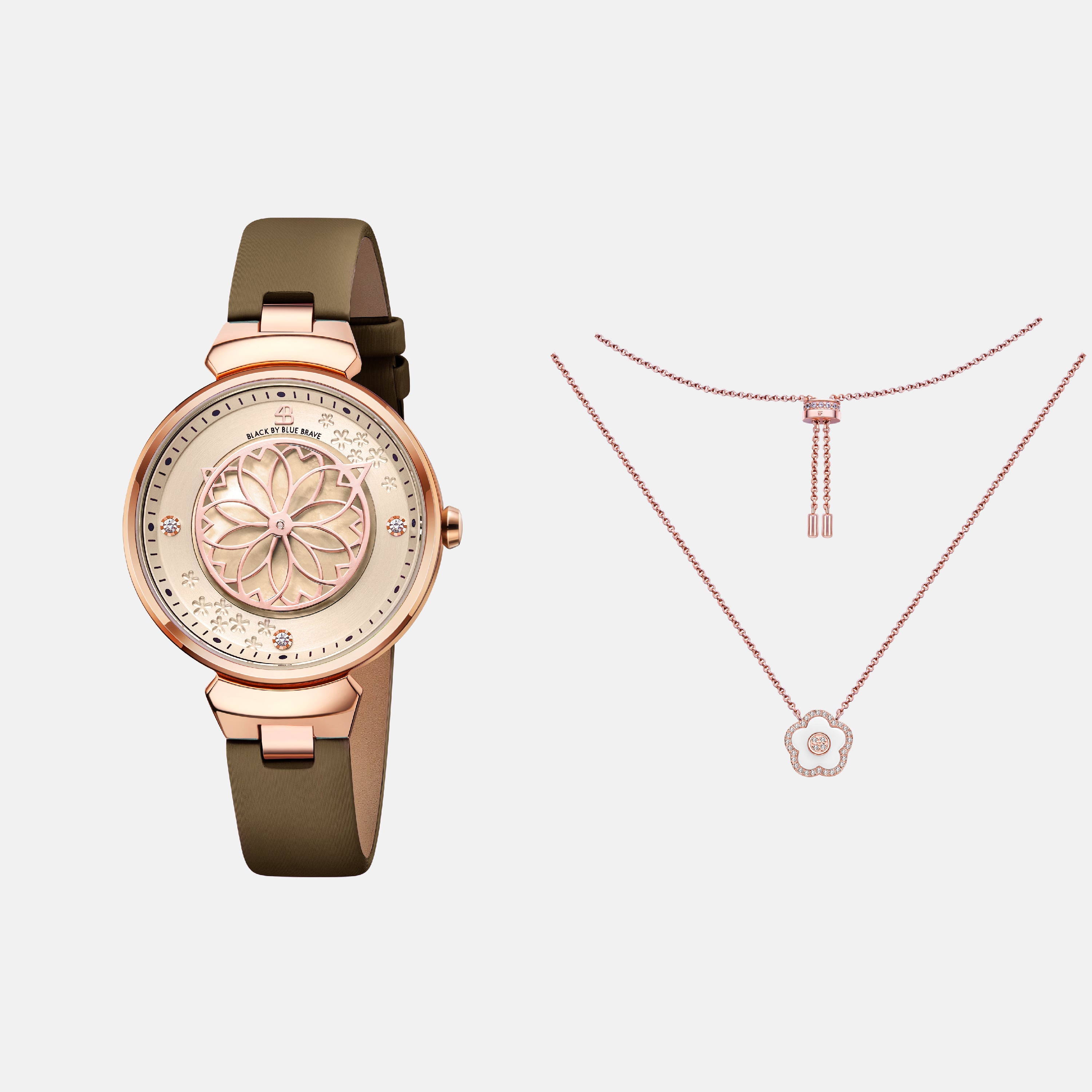 CHAMPAGNE CHERRY BLOSSOM WATCH WITH ROSEGOLD FLOWER NECKLACE & WHITE CERAMIC