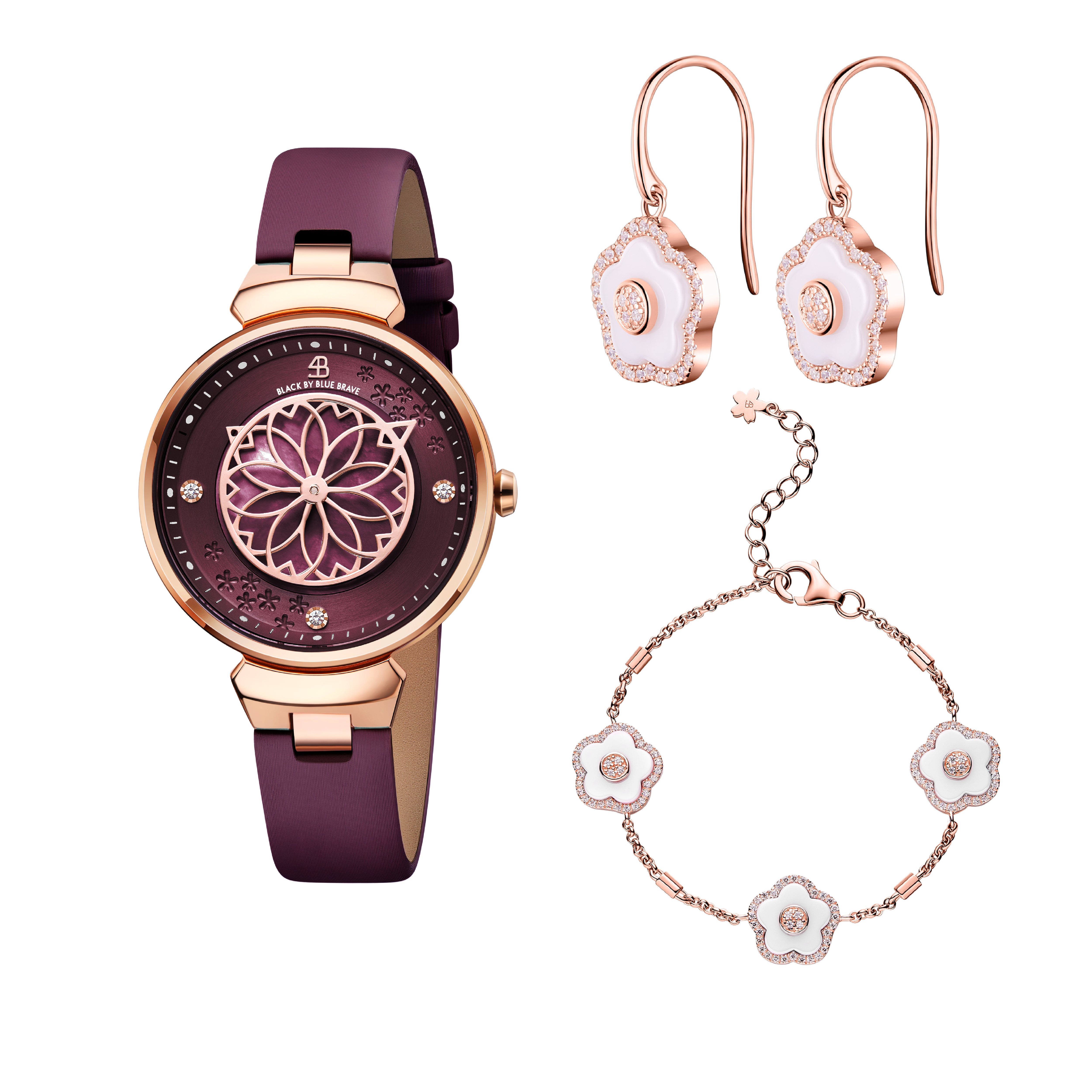 Ruby Red Cherry Blossom Watch With Flower Ceramic  Jewelleries（Earrings & Bracelet）