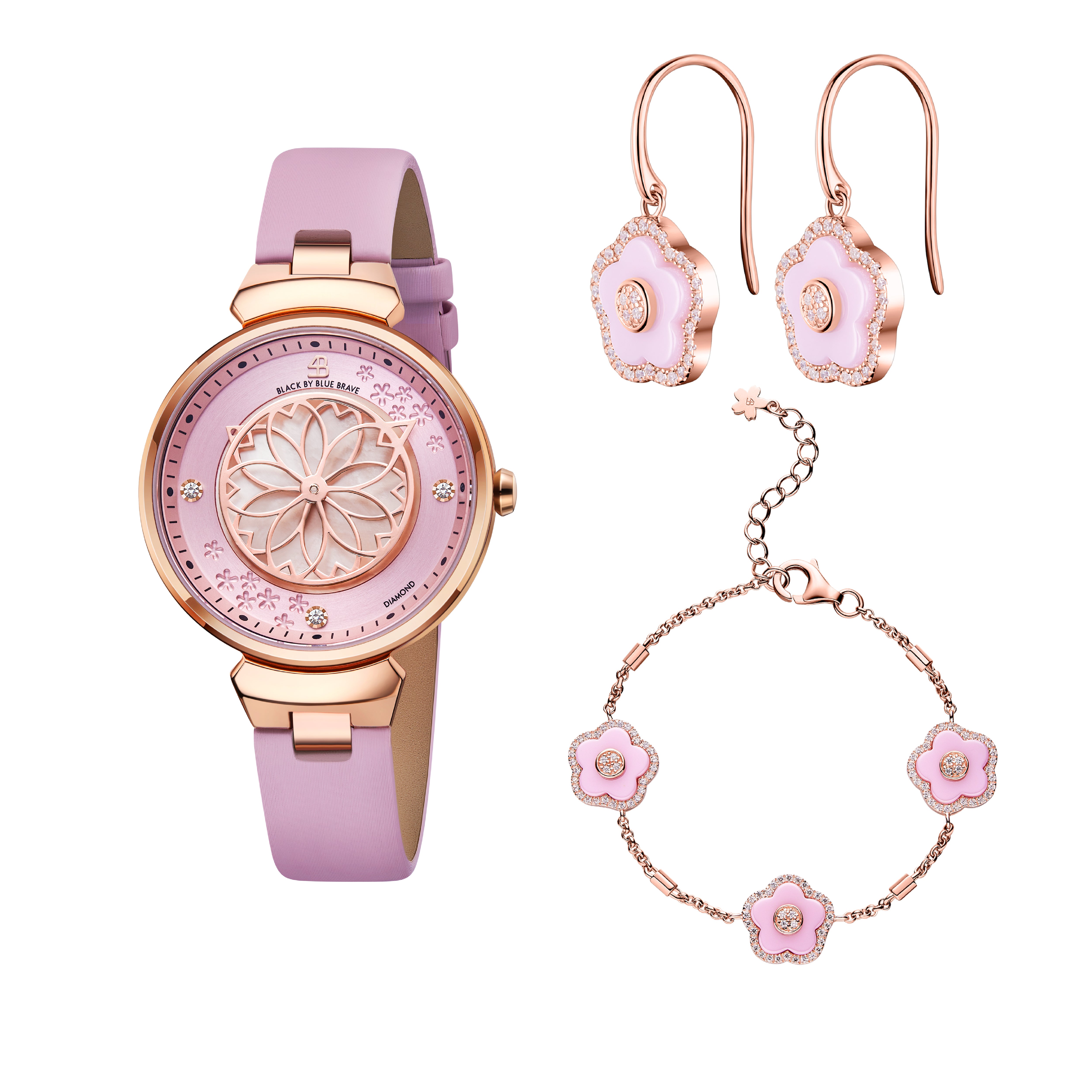 Pink Cherry Blossom Watch With Flower Ceramic  Jewelleries（Earrings & Bracelet）