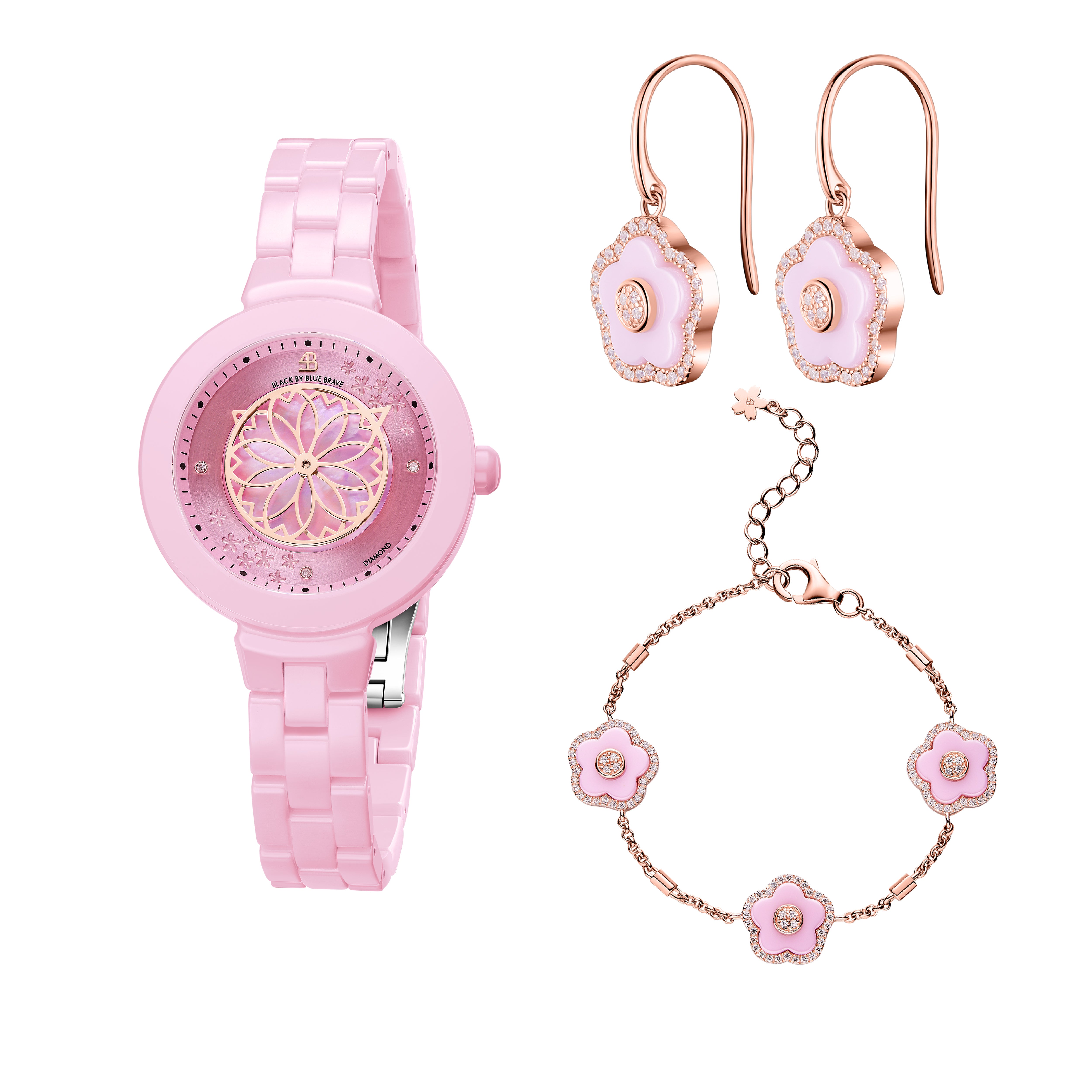 Pink Diamond Cherry Blossom Ceramic Watch With Flower Ceramic  Jewelleries（Earrings & Bracelet）