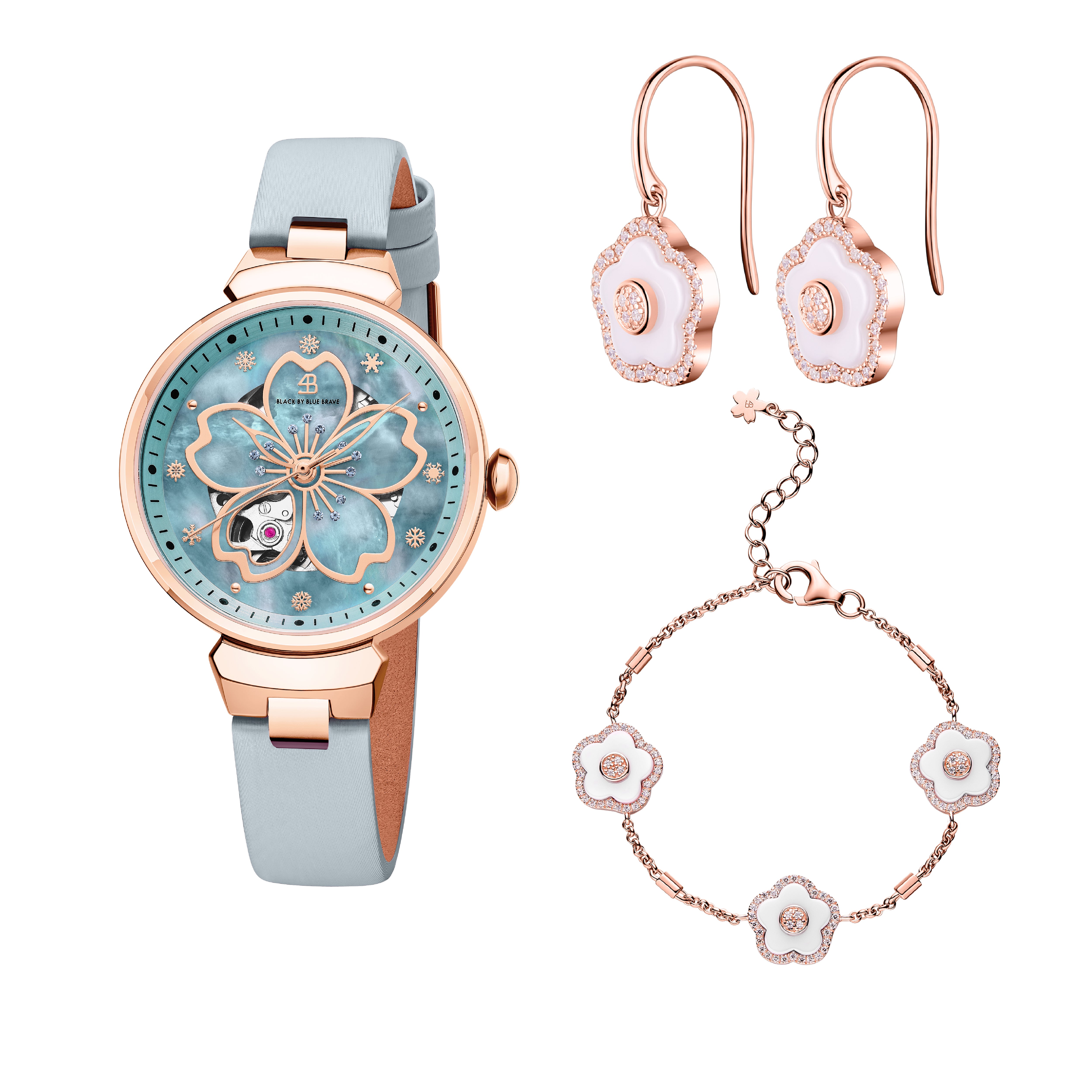 Blue Cherry Blossom 36mm Automatic Watch & Flower Ceramic  Jewelleries（Earrings & Bracelet）