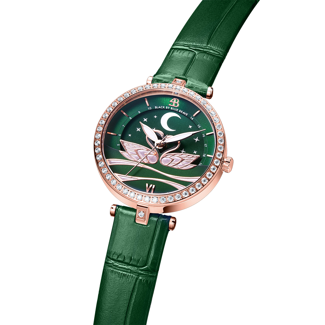 Swan Lovers 34mm Green Moon Phase Dial Leather Strap Watch