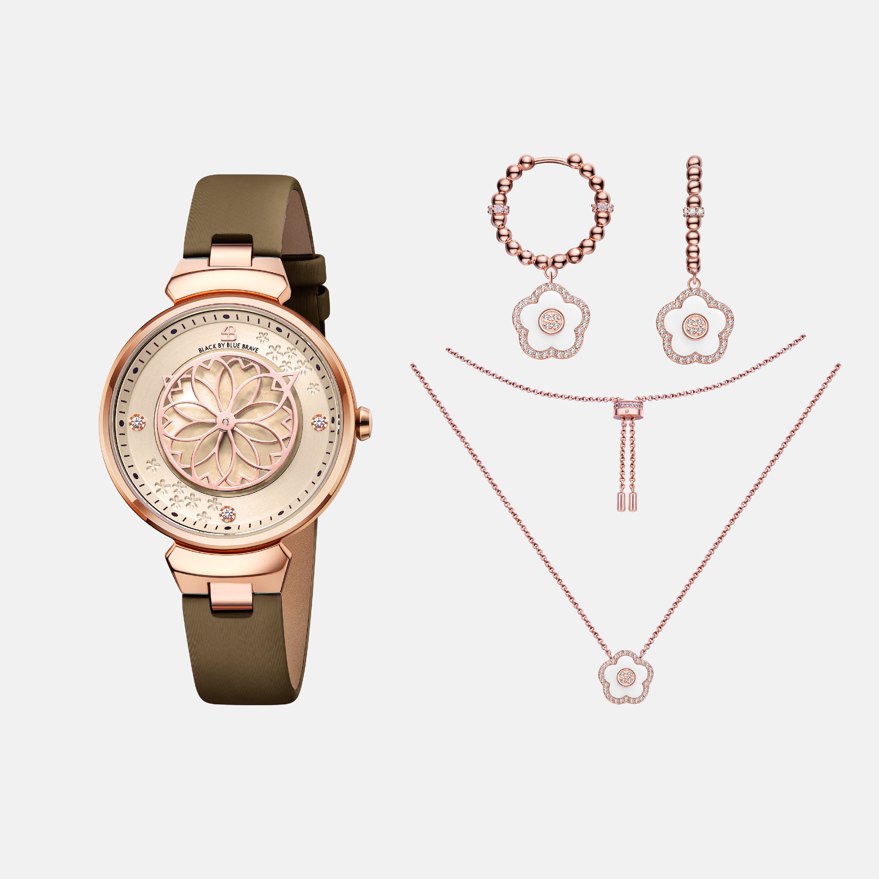 CHAMPAGNE CHERRY BLOSSOM WATCH WITH FLOWER CERAMIC JEWELLERIES（EARRINGS & NECKLACE）