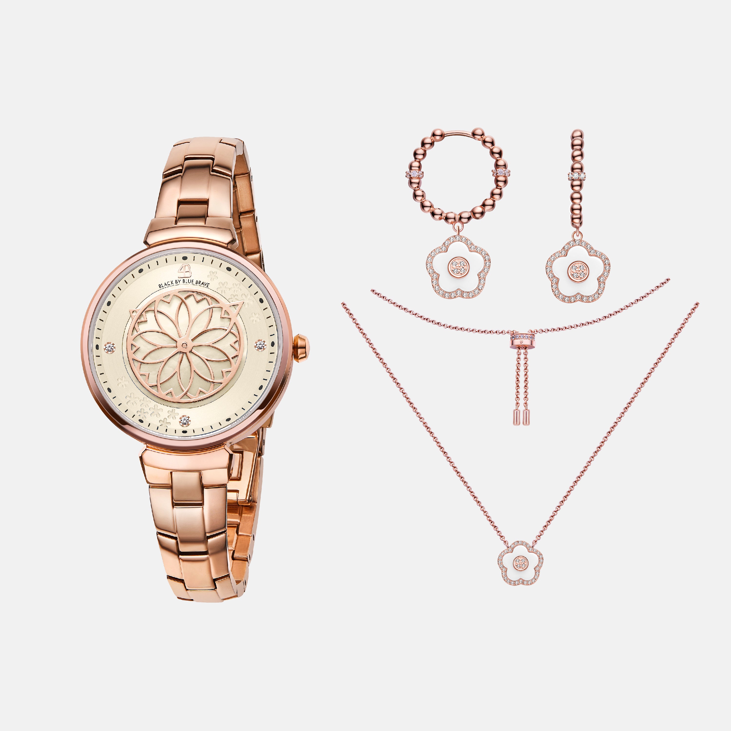 CHAMPAGNE CHERRY BLOSSOM WATCH WITH FLOWER CERAMIC JEWELLERIES（EARRINGS & NECKLACE）