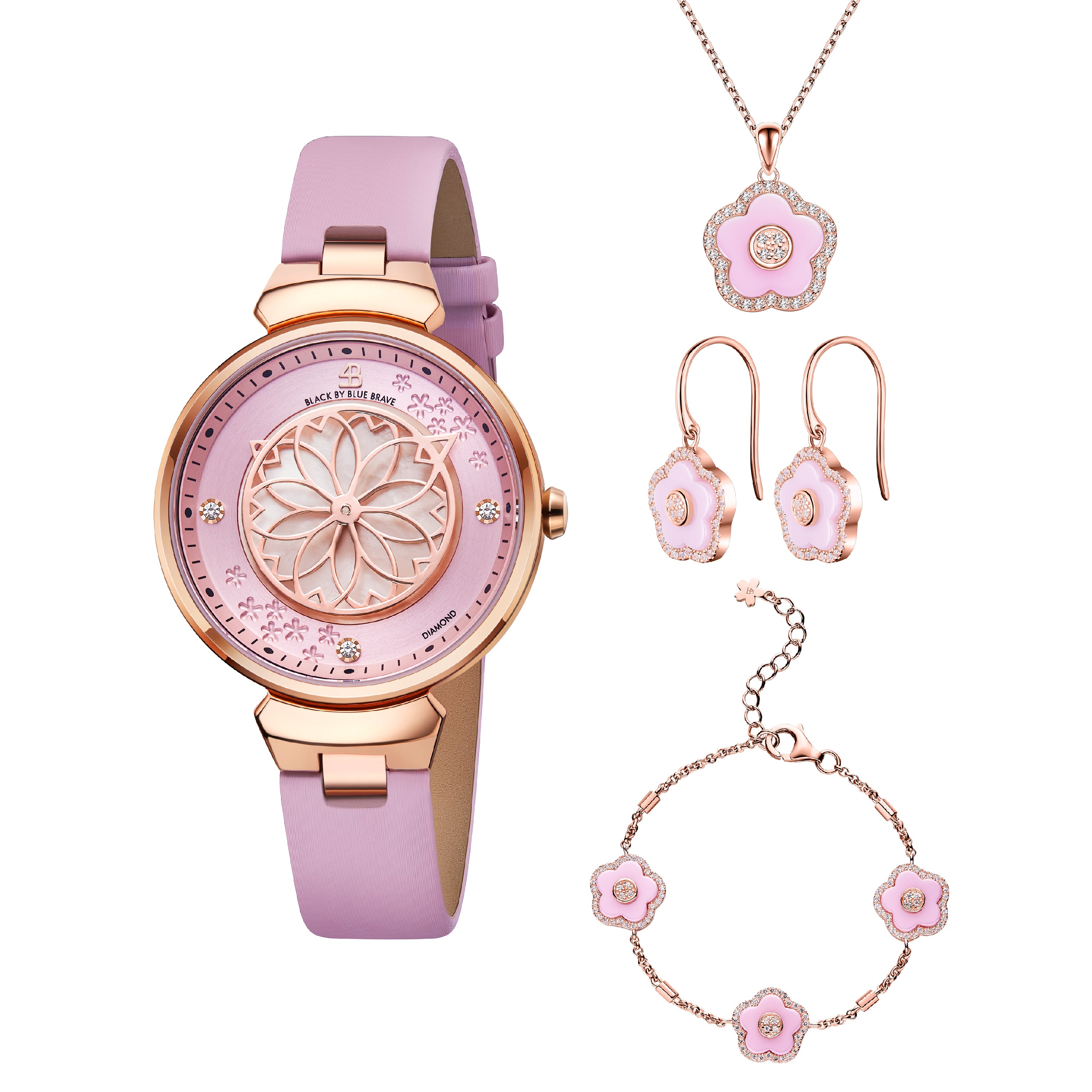 Pink Cherry Blossom Watch With Flower Ceramic  Jewelleries（Earrings & Bracelet & Necklace）