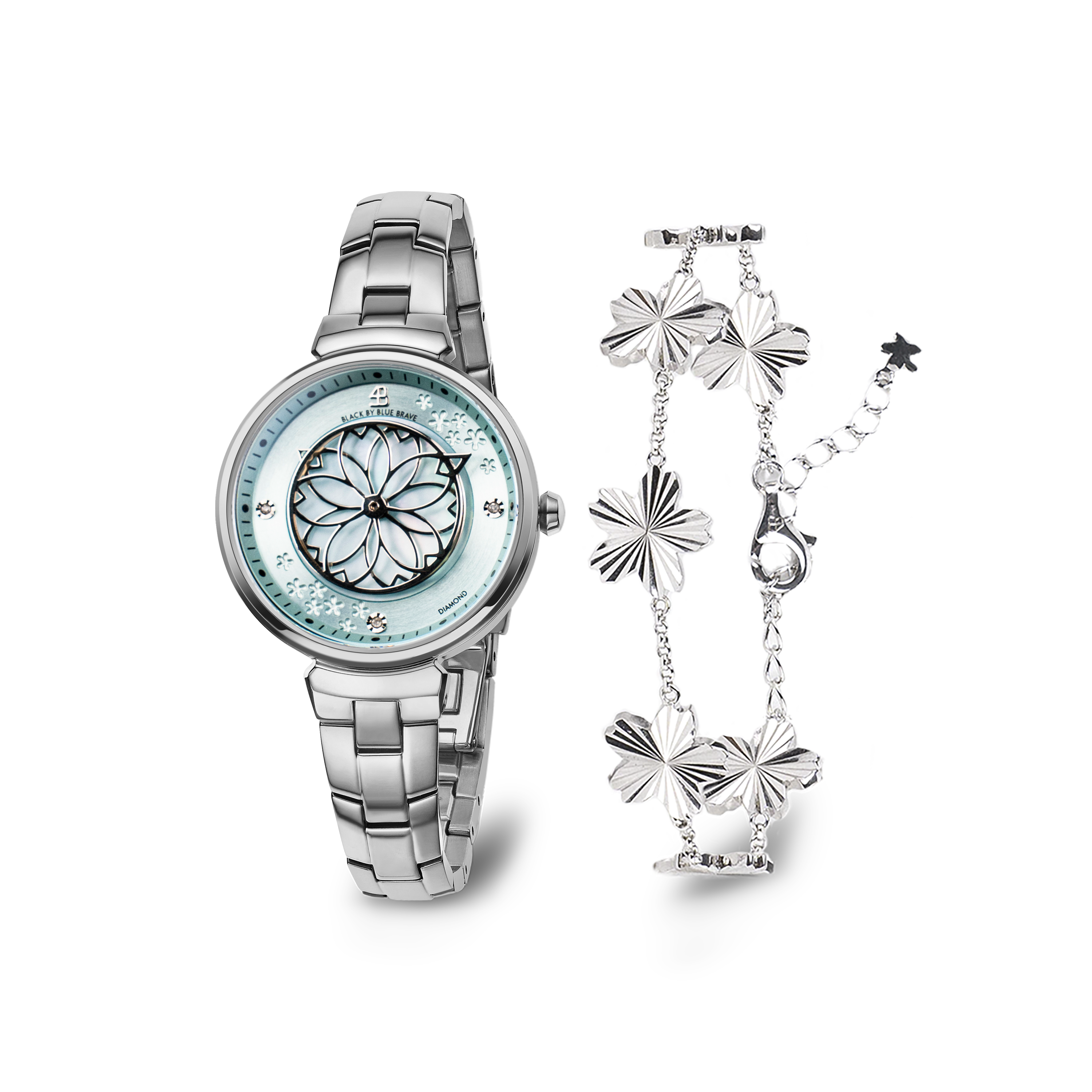 Blue Cherry Blossom Silver Bracelet Watch With Silver Cherry Blossom Gleam Bracelet