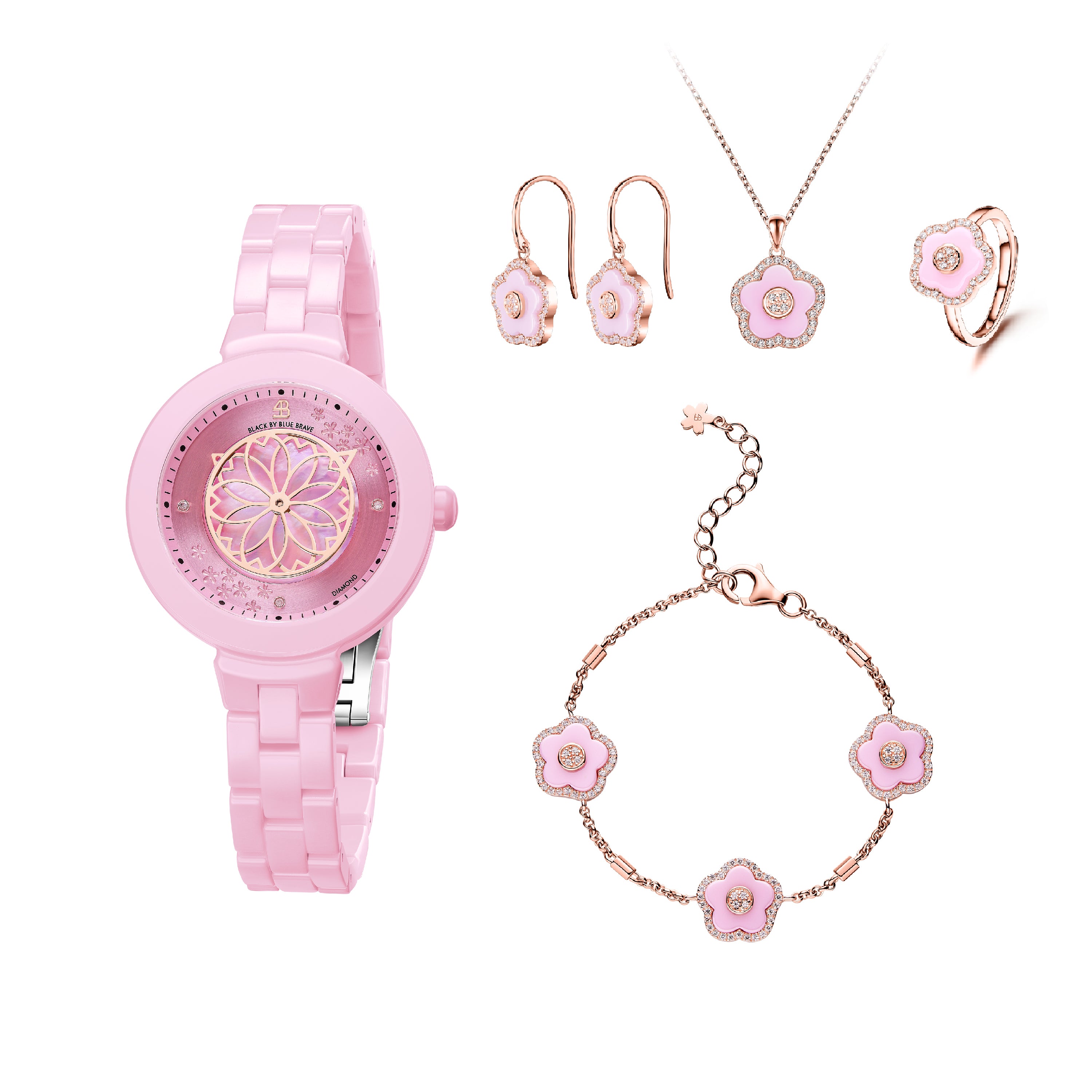 Pink Diamond Cherry Blossom Ceramic Watch With Flower Ceramic Jewelleries (Earrings & Necklace & Bracelet & Ring)