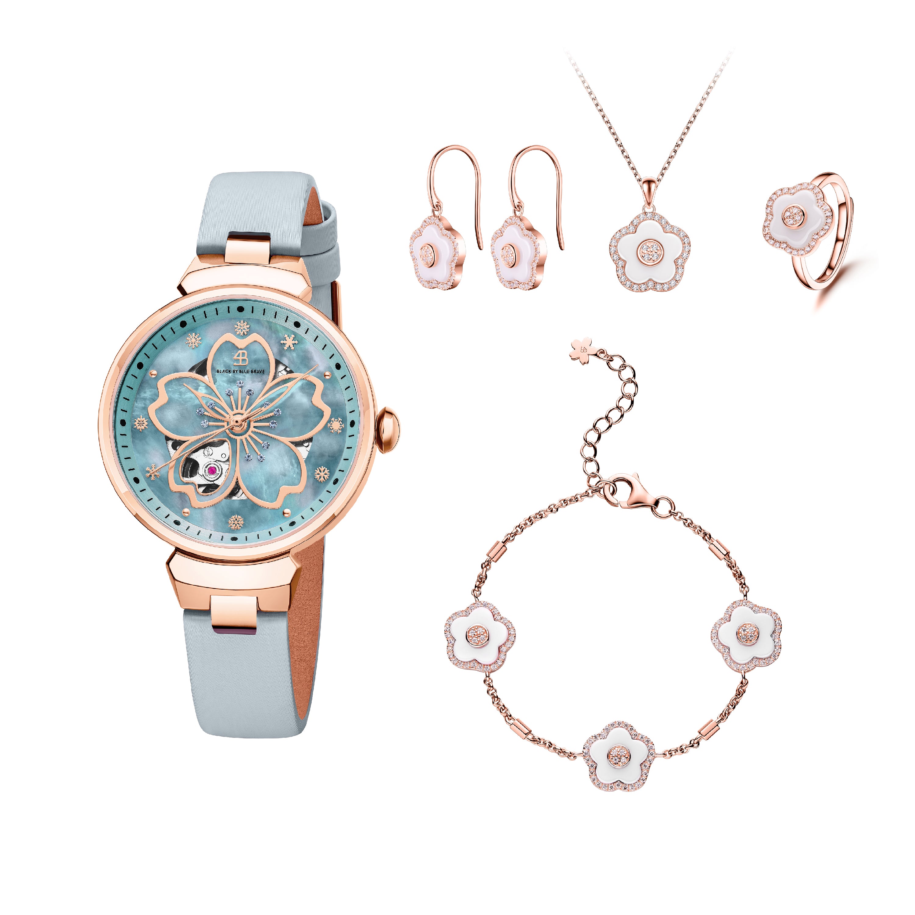 Blue Cherry Blossom 36mm Automatic Watch & Flower Ceramic  Jewelleries（Earrings & Bracelet & Necklace & Ring）