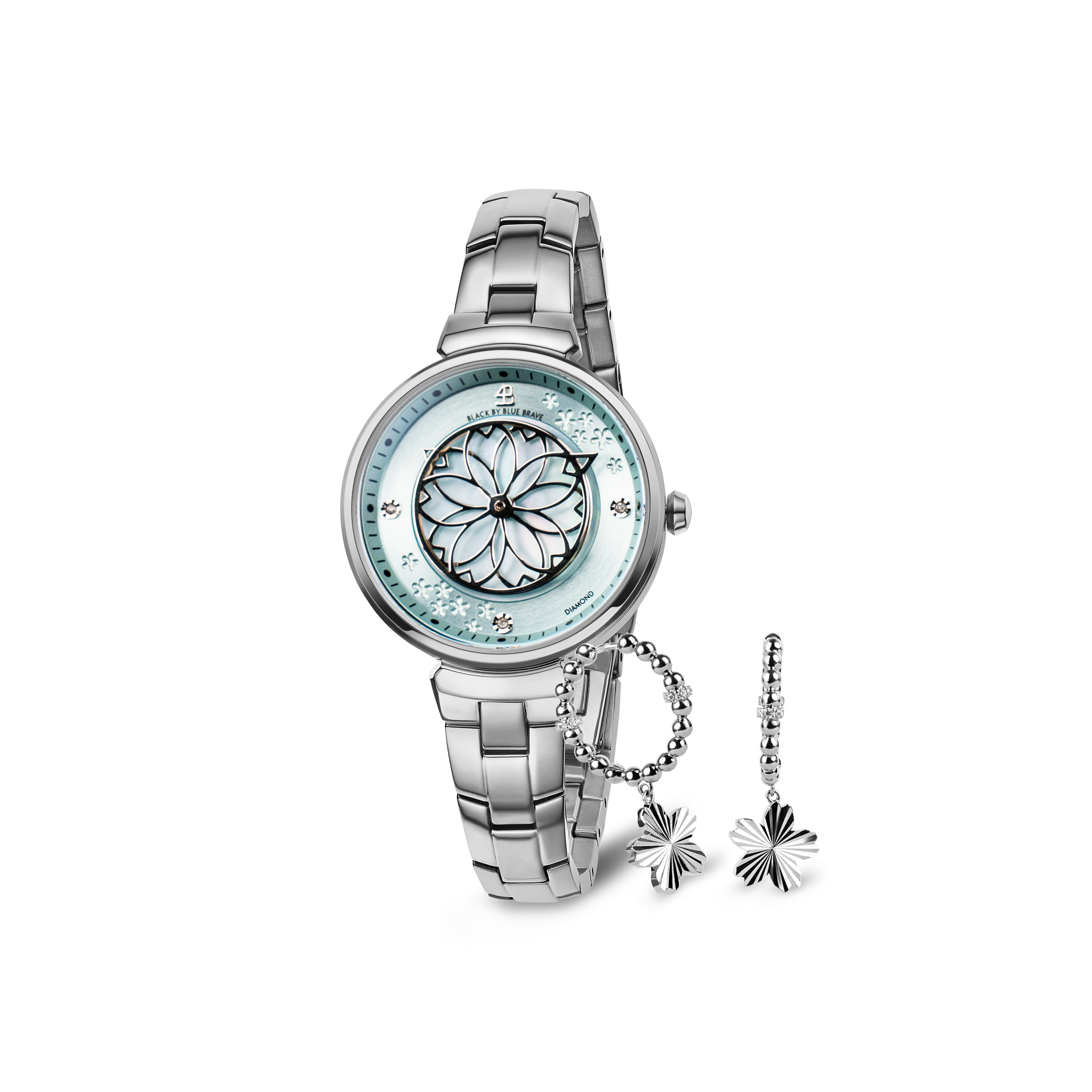Blue Cherry Blossom Silver Bracelet Watch With Silver Cherry Blossom Gleam Earrings