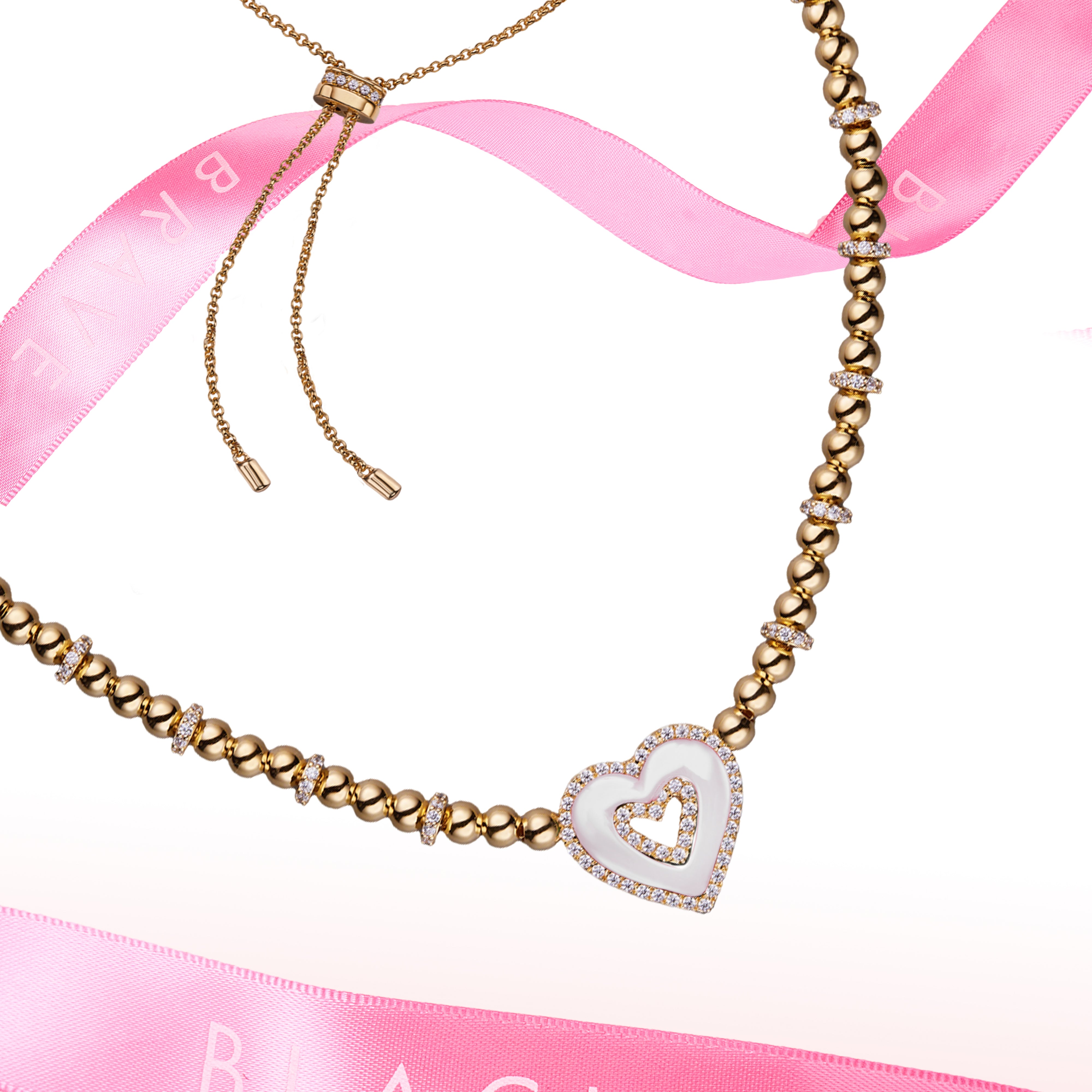 Love Heart Necklace Brass 18K Rose gold Plating & Pink/White Heart Ceramice