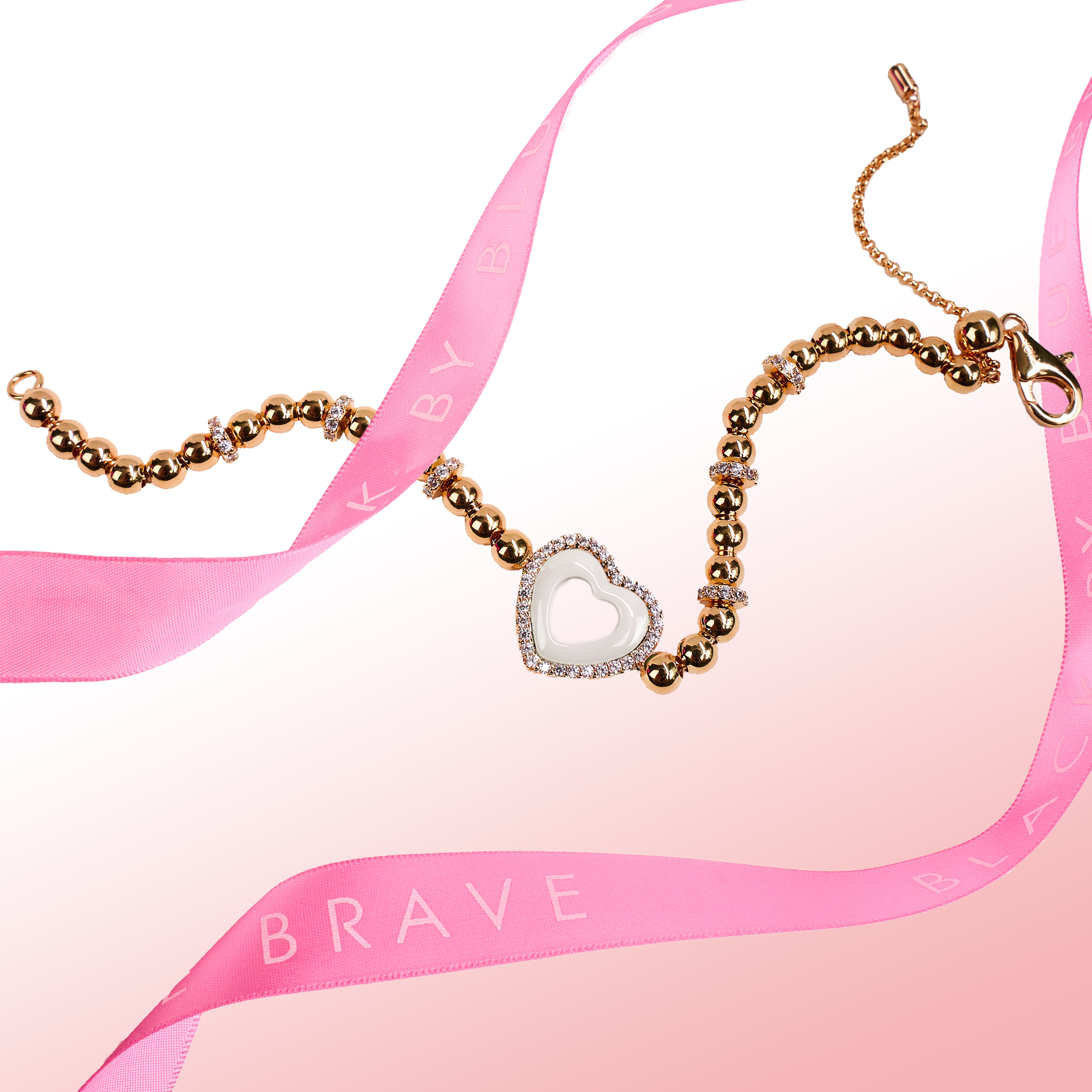 Love Heart Bracelet Brass 18K Rose gold Plating & Pink/White Heart Ceramice