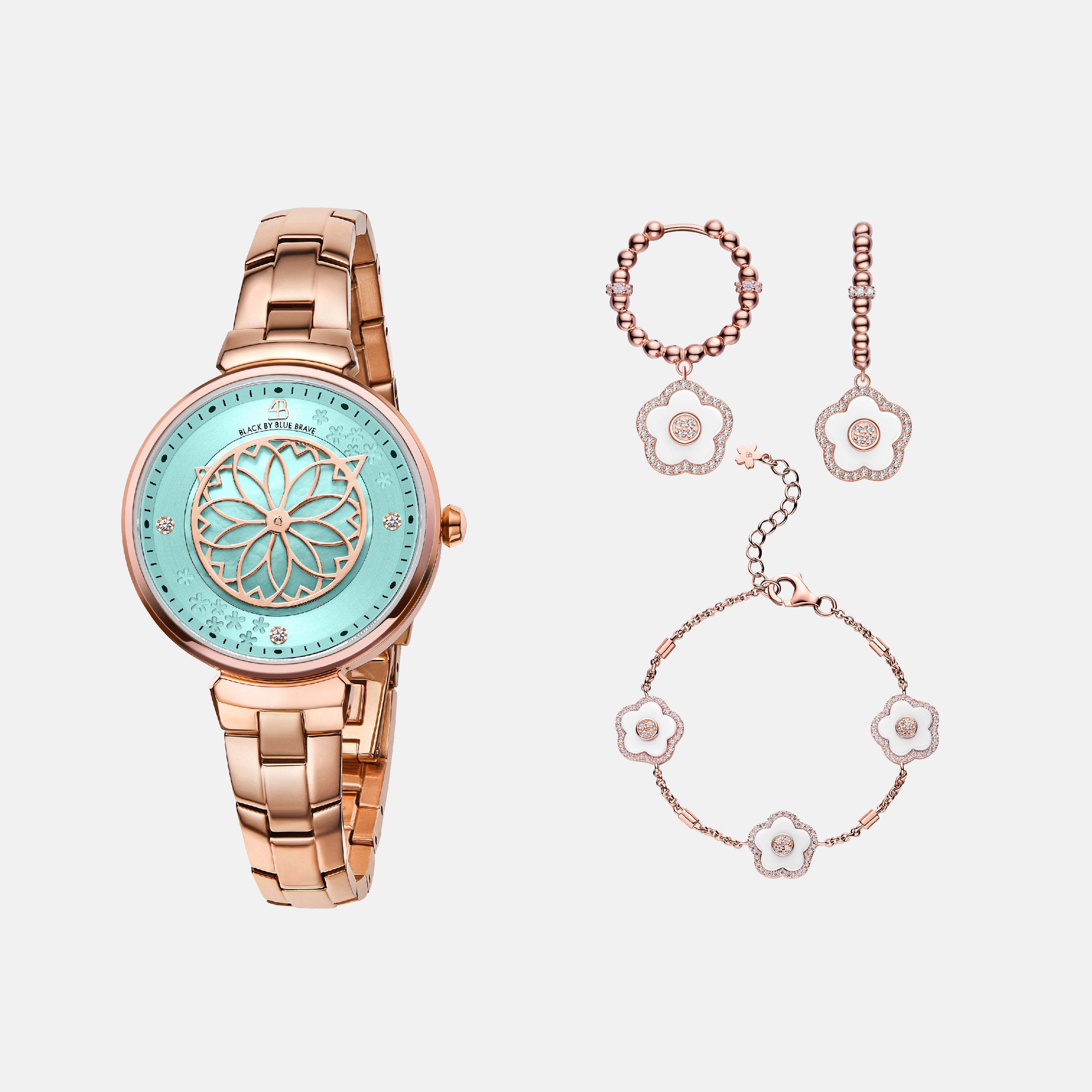 BLUE CHERRY BLOSSOM WATCH WITH FLOWER CERAMIC JEWELLERIES（EARRINGS & BRACELET）