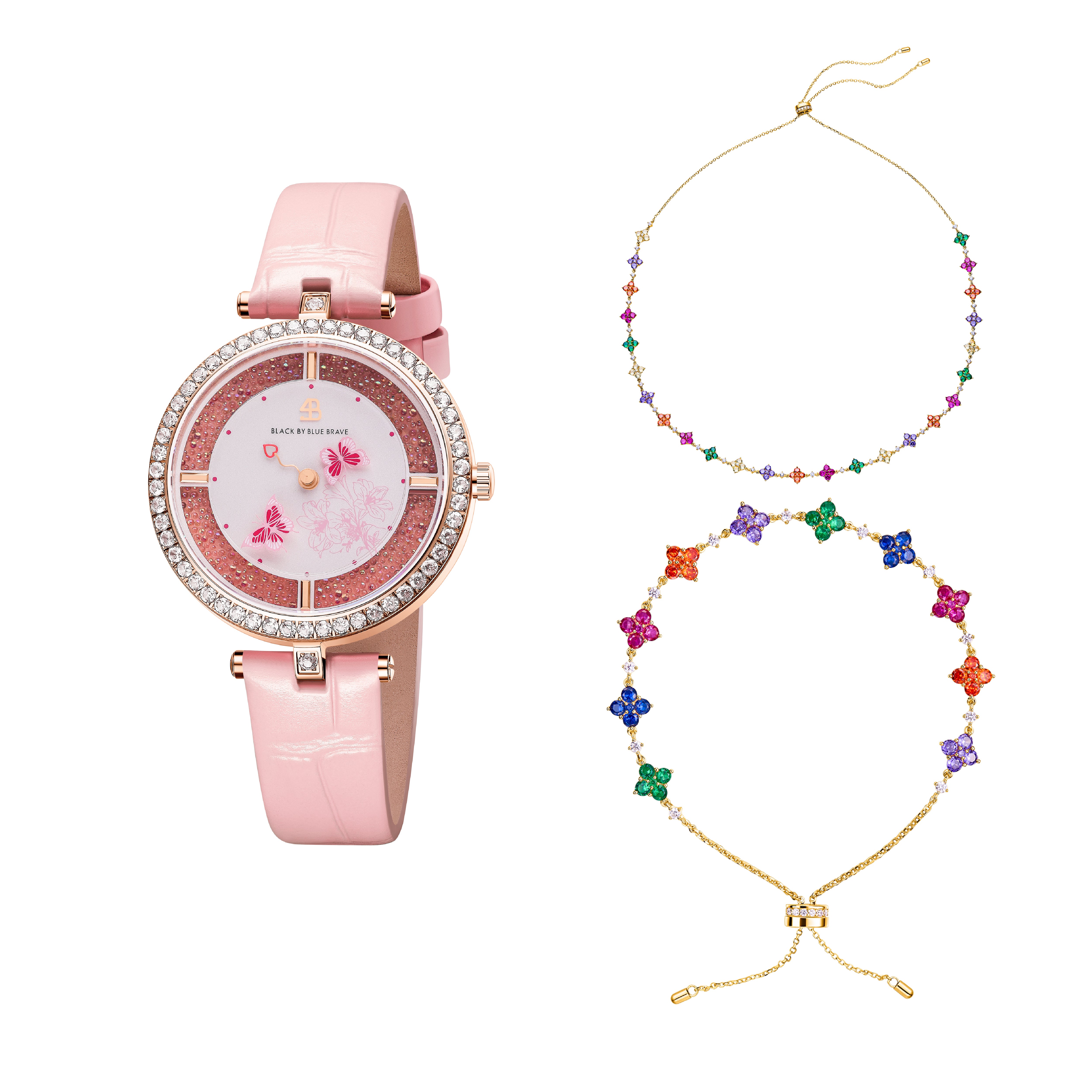 Pink Butterfly Lovers Watch With Butterfly Lovers Clover Bracelet & Necklace