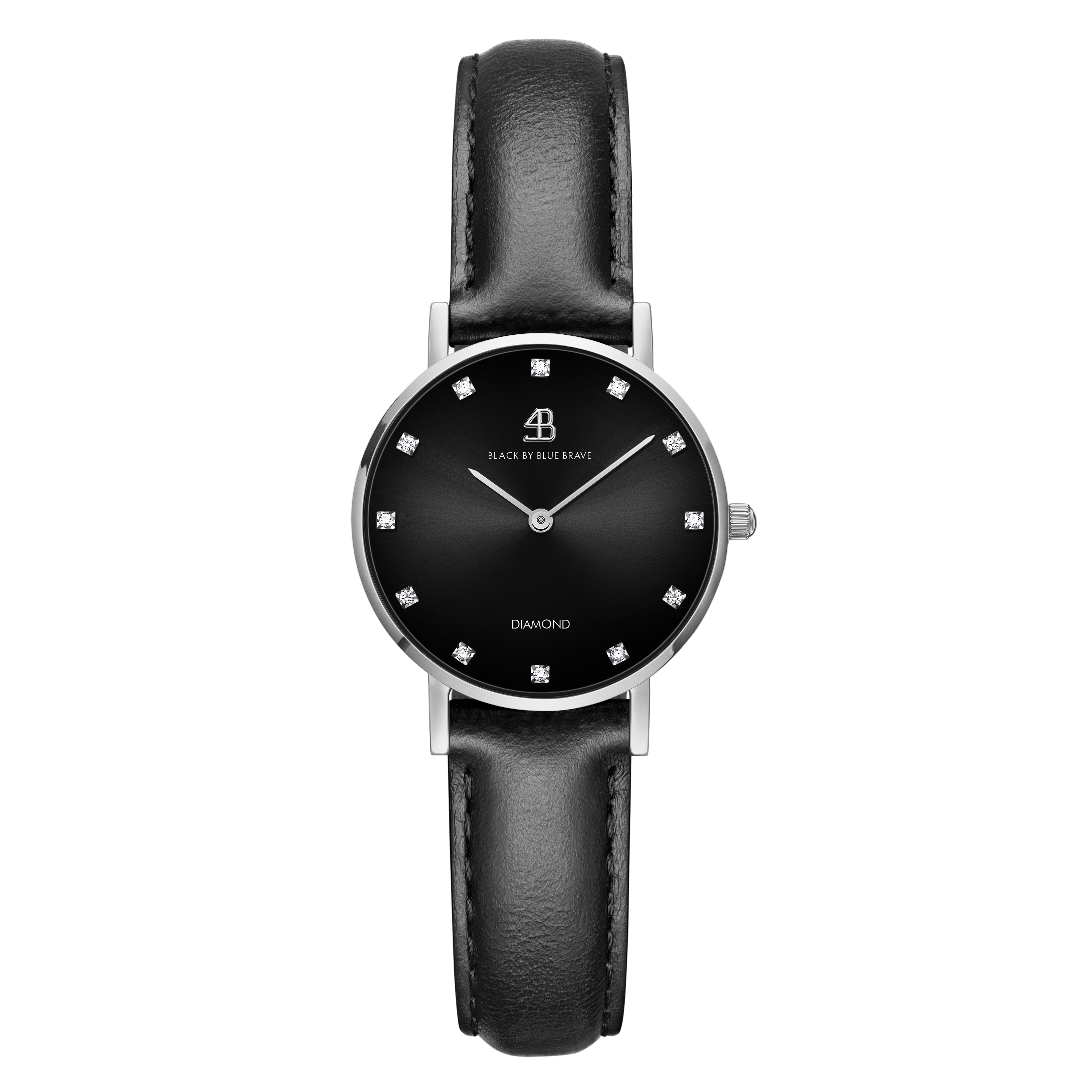 Diamond In The Hand 26mm Black Dial Genuine Diamond Markers Silver Case Black Leather Strap Watch