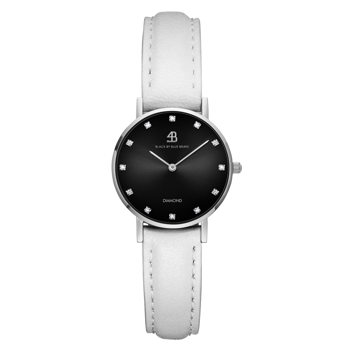 Diamond In The Hand 26mm Black Dial Genuine Diamond Markers Silver Case White Leather Strap Watch