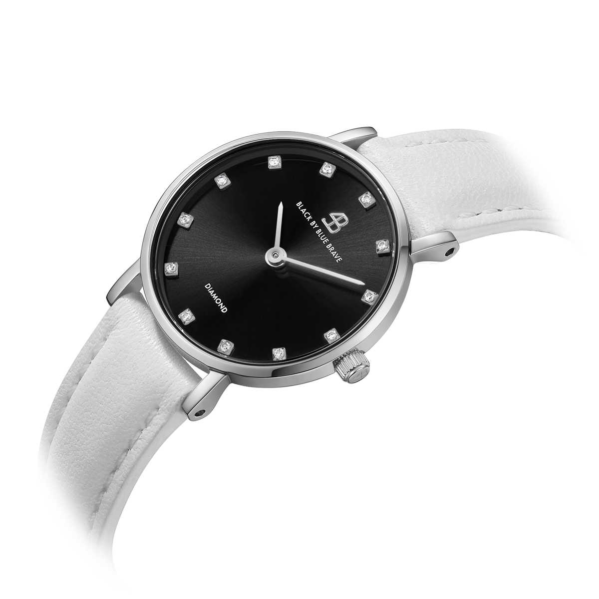 Diamond In The Hand 26mm Black Dial Genuine Diamond Markers Silver Case White Leather Strap Watch