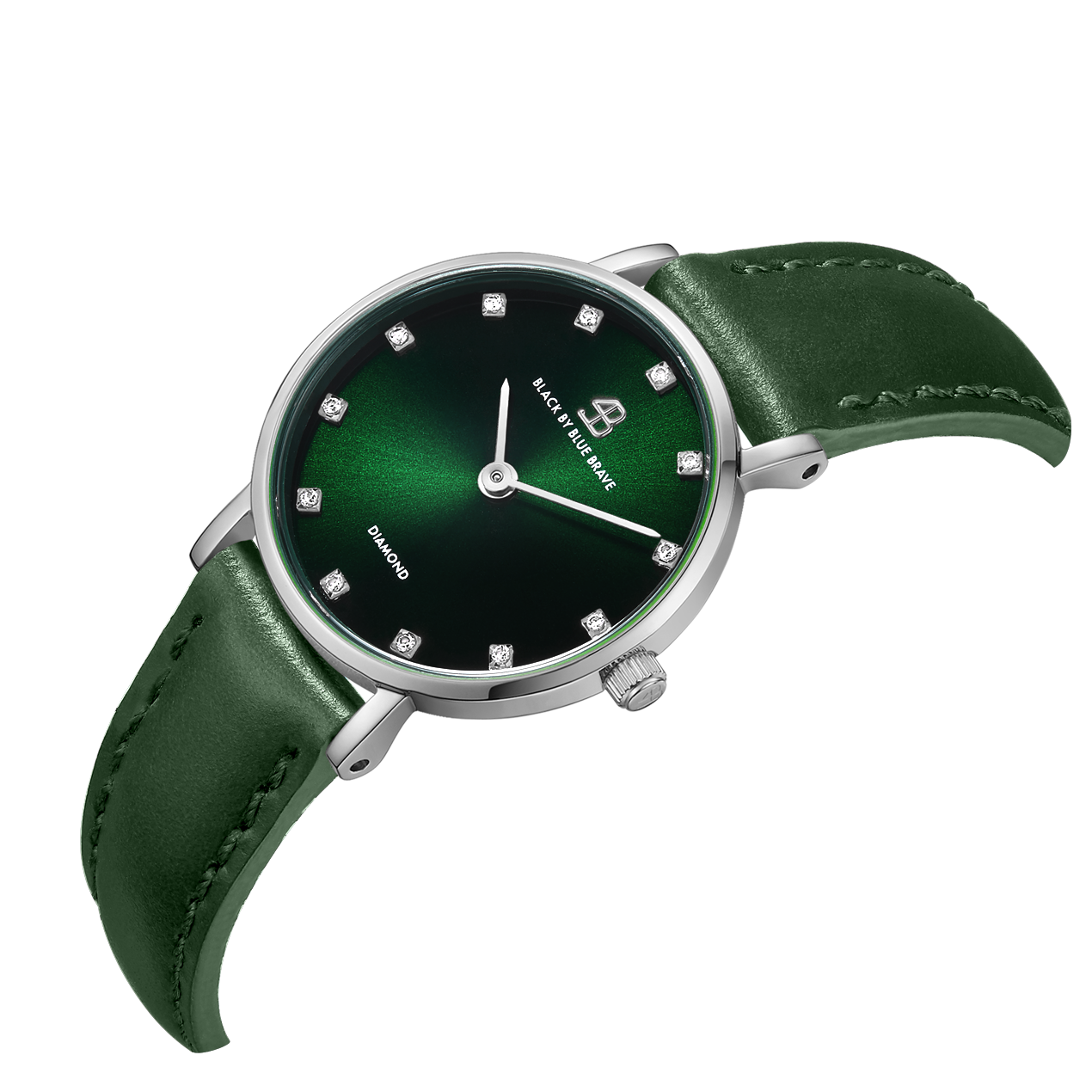 Diamond In The Hand 26mm Green Dial Genuine Diamond Markers Silver Case Green Leather Strap Watch