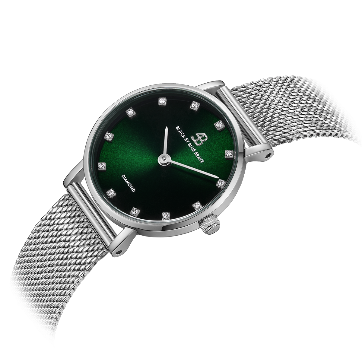 Diamond in the Hand 28mm Green Dial Genuine Diamond Markers Silver Meshband Watch