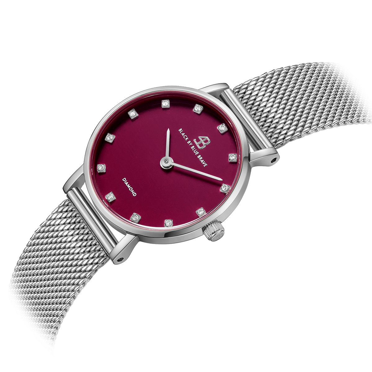 Diamond in the Hand 28mm Ruby Red Dial Genuine Diamond Markers Silver Meshband Watch