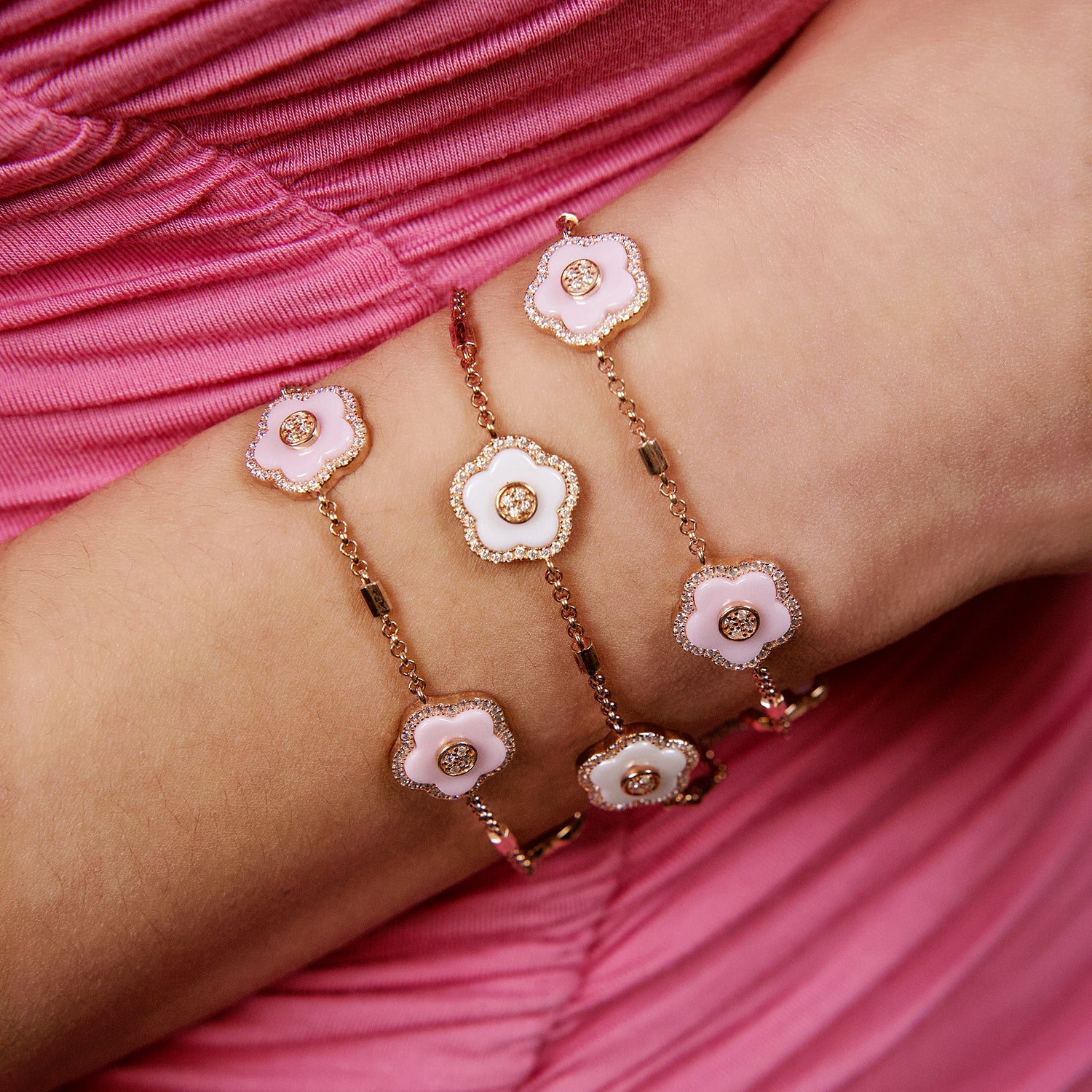 Cherry Blossom Ceramic Three Pink Ceramic Flowers Rosegold Bracelet 18K Rose Gold Plated