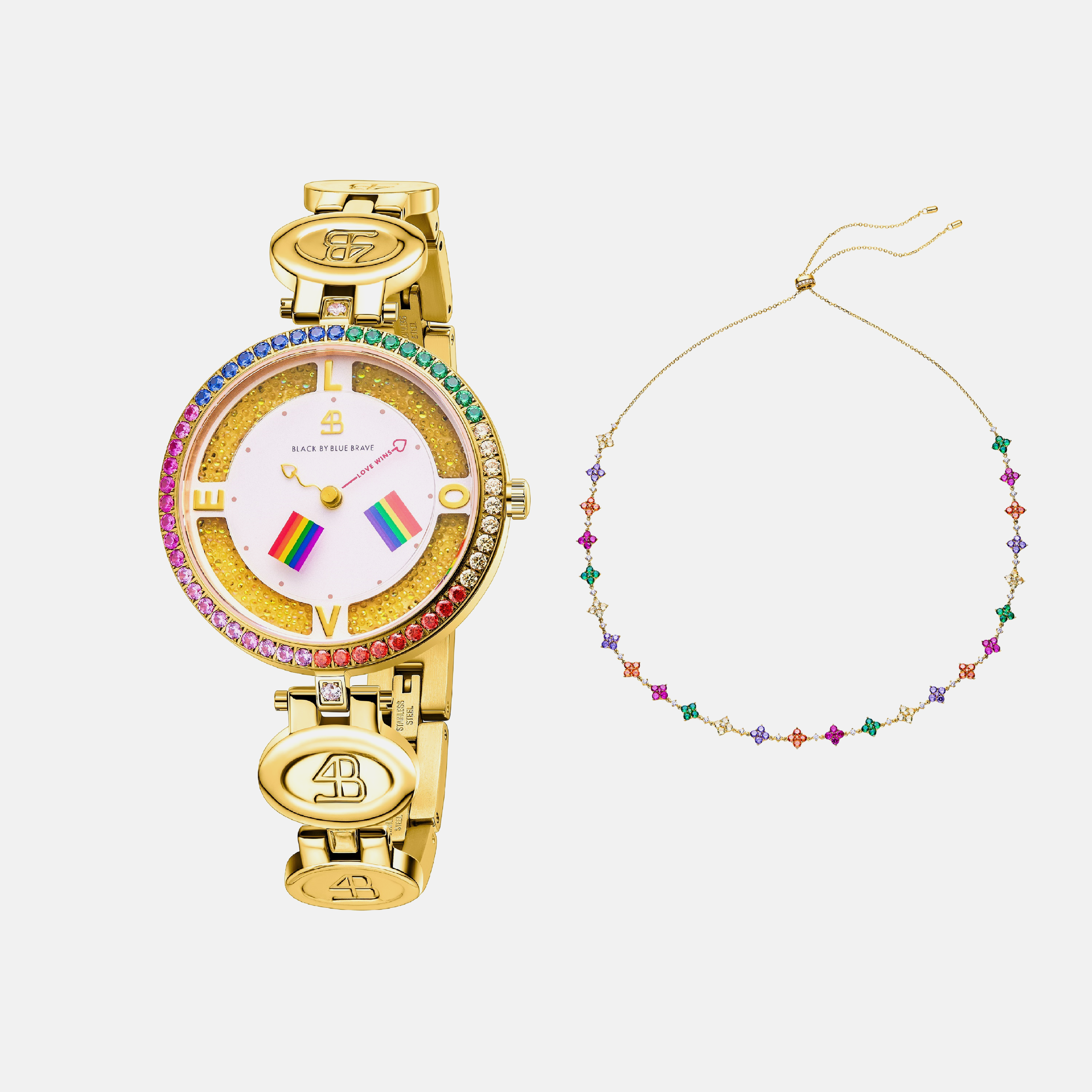 GOLD LOVE WINS 2024 WATCH WITH CLOVER NECKLACE