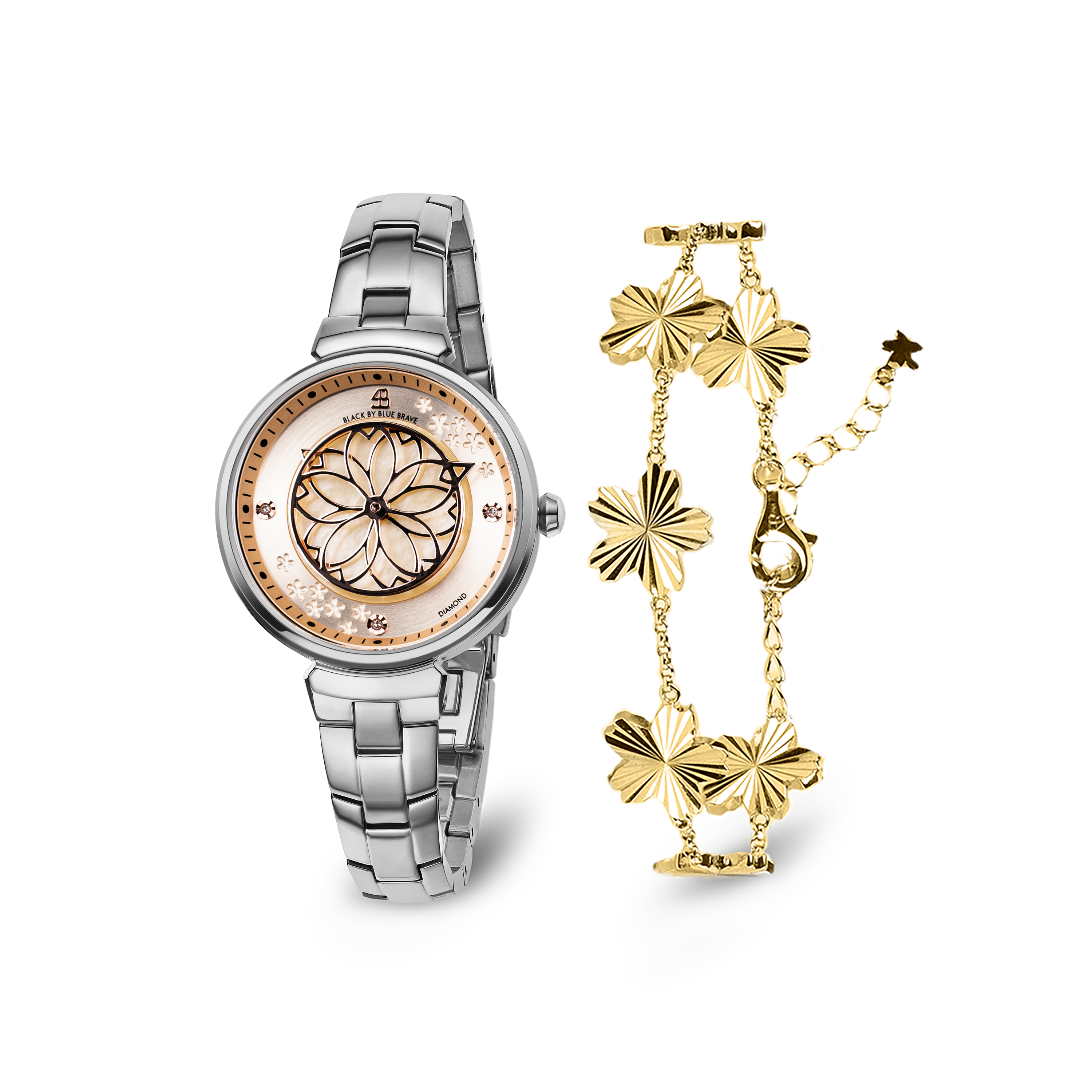 Champagne Cherry Blossom Silver Bracelet Watch With Gold Cherry Blossom Gleam Bracelet