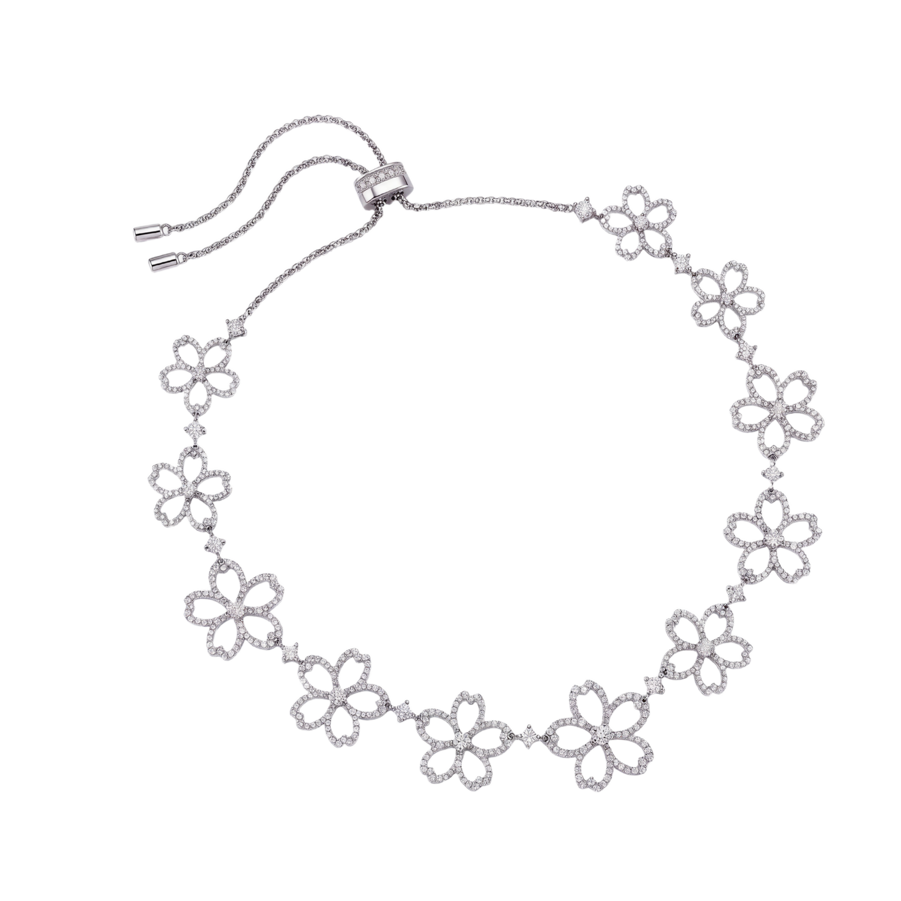Cherry Blossom Cascade 11-Flower Sakura Zirconia Silver Necklace (Platinum Plated)