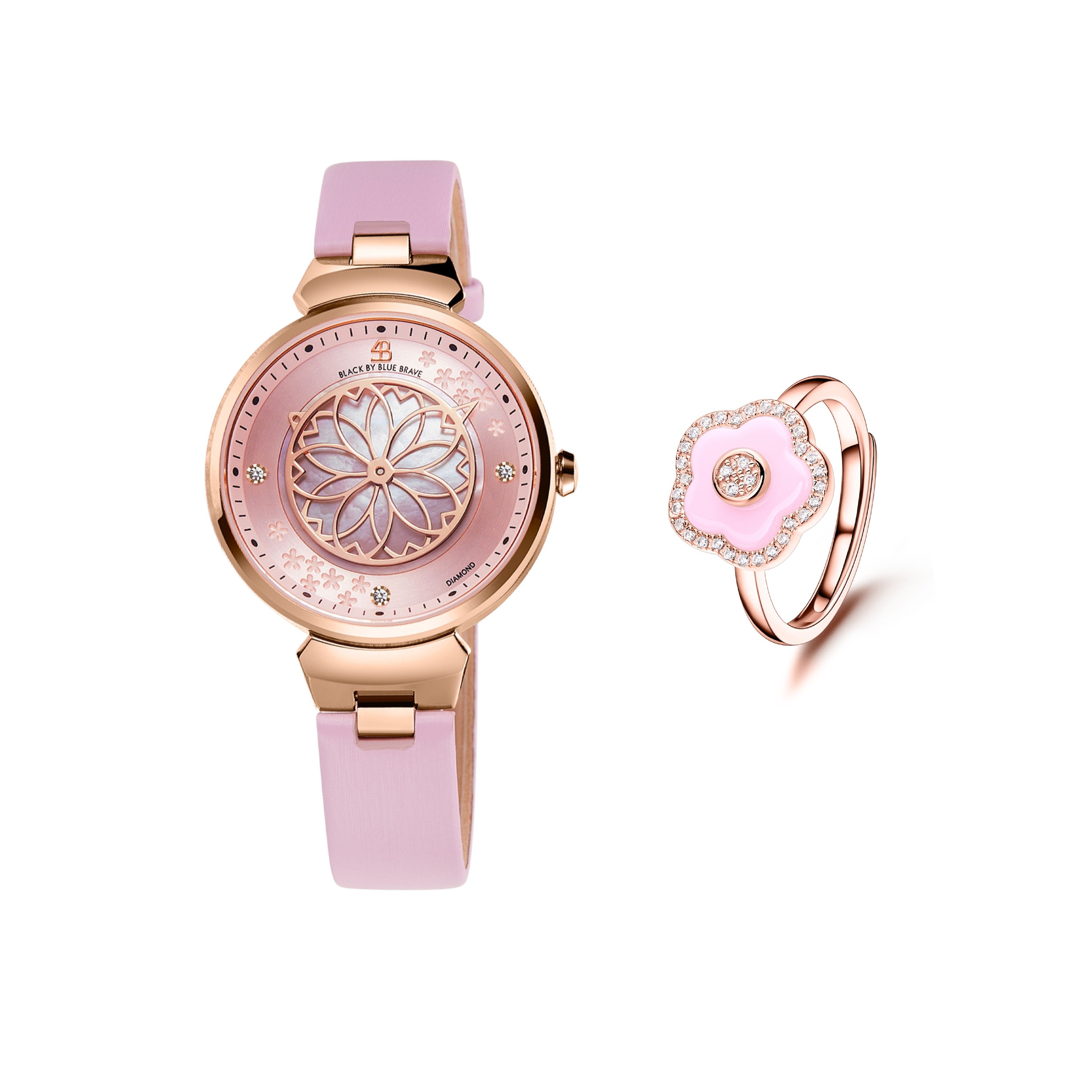 Pink Diamond Cherry Blossom Watch With Flower Ceramic Ring