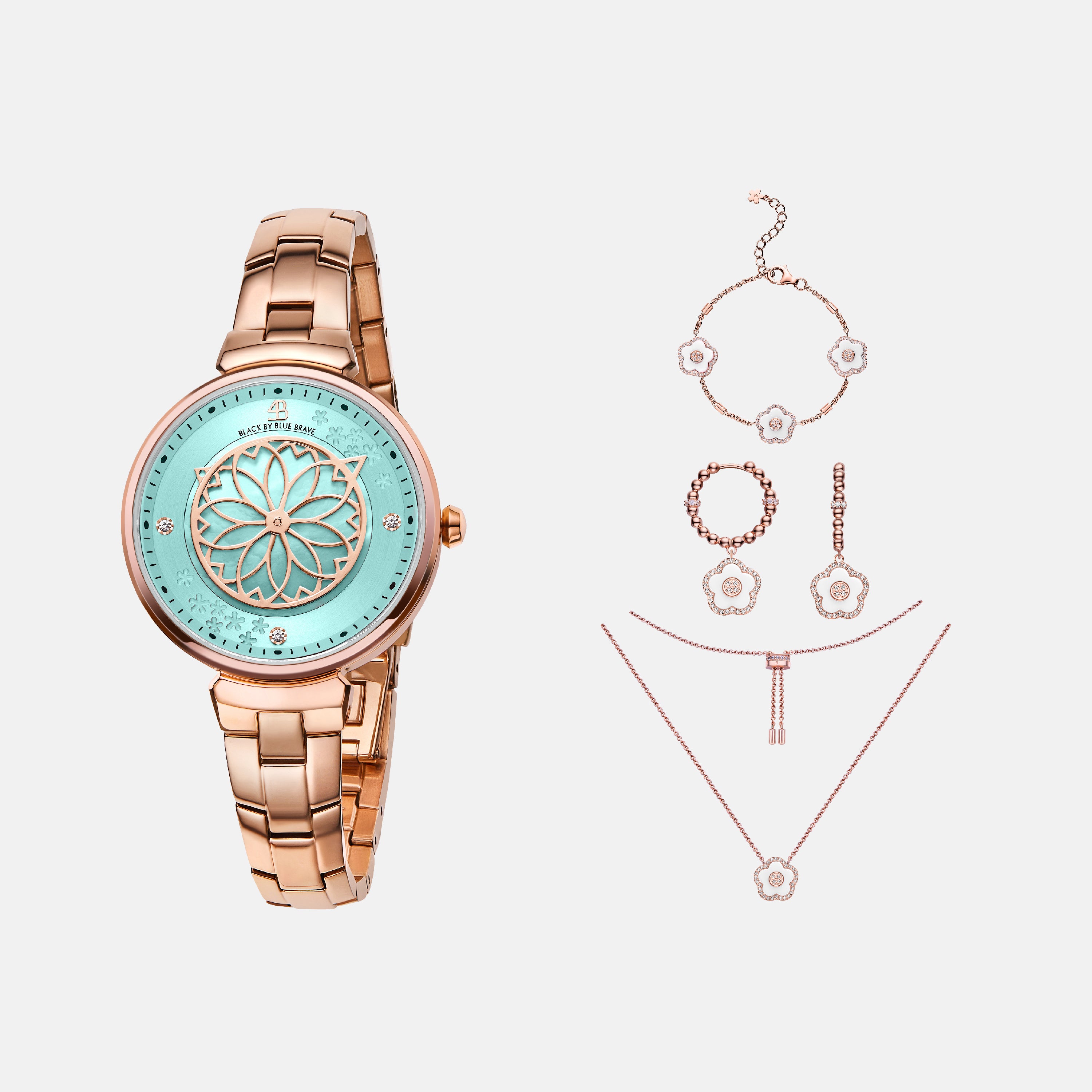 BLUE CHERRY BLOSSOM WATCH WITH FLOWER CERAMIC JEWELLERIES（EARRINGS & BRACELET & NECKLACE）