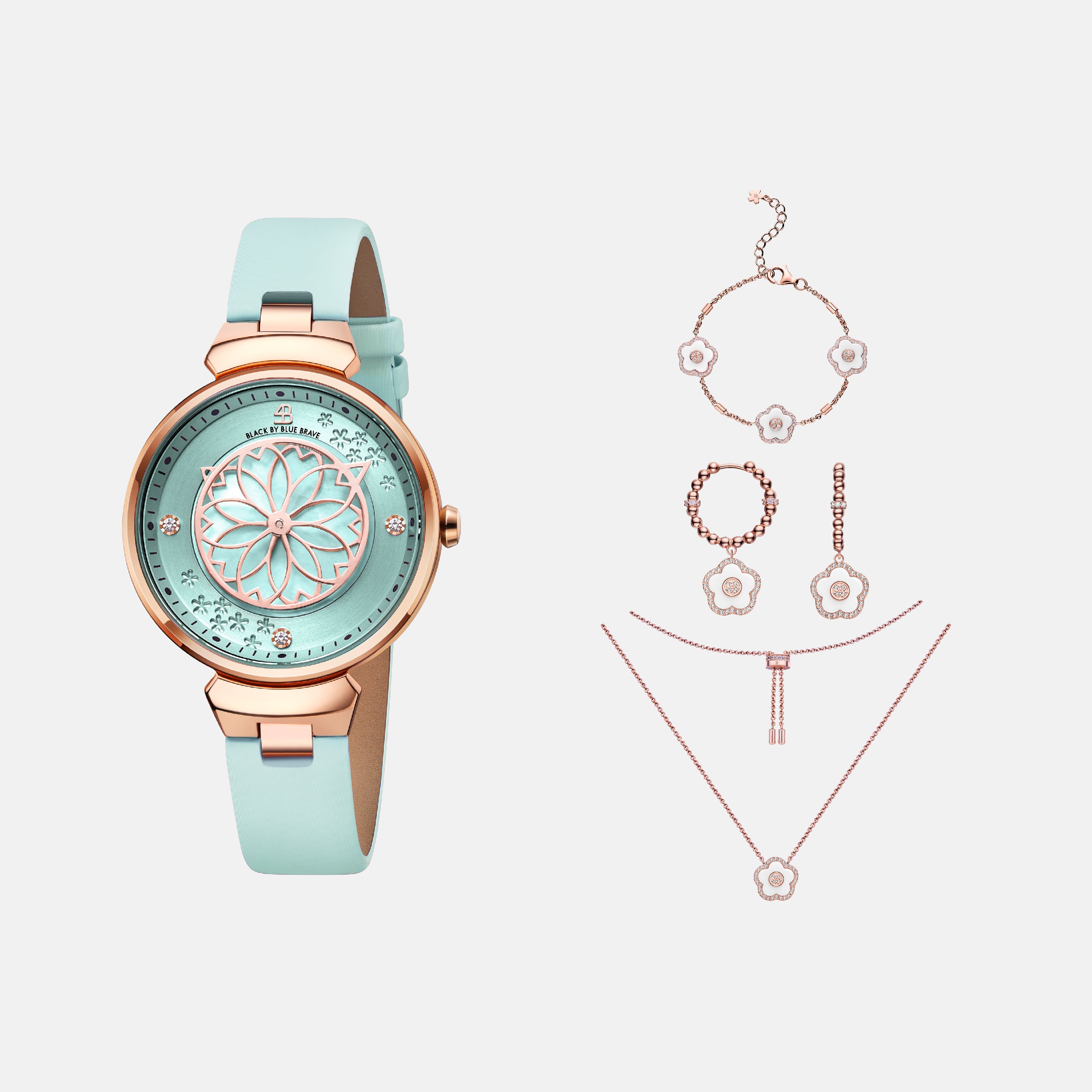 BLUE CHERRY BLOSSOM WATCH WITH FLOWER CERAMIC  JEWELLERIES（EARRINGS & BRACELET & NECKLACE）