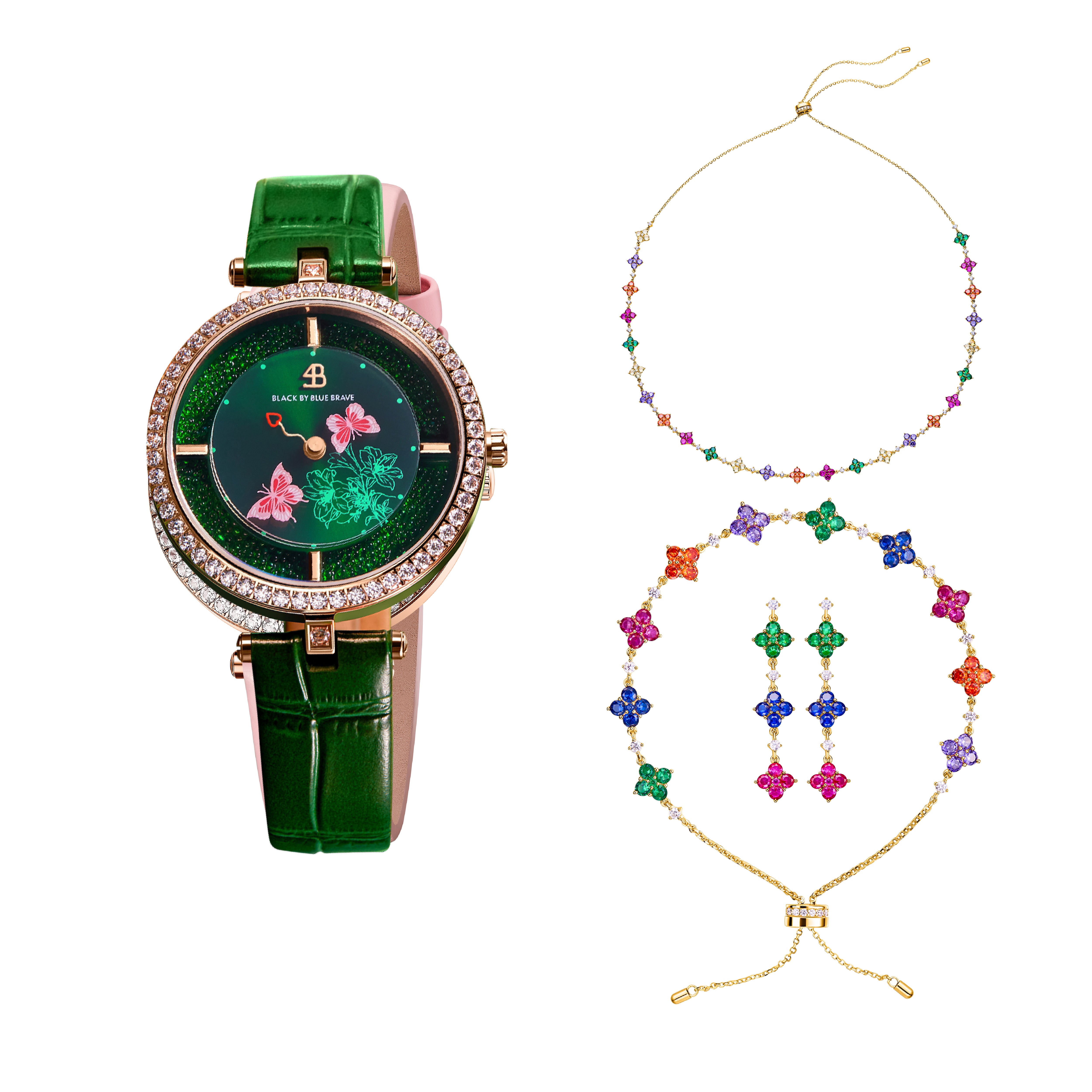 Green Butterfly Lovers Watch With Butterfly Lovers Clover Bracelet & Necklace & Earrings