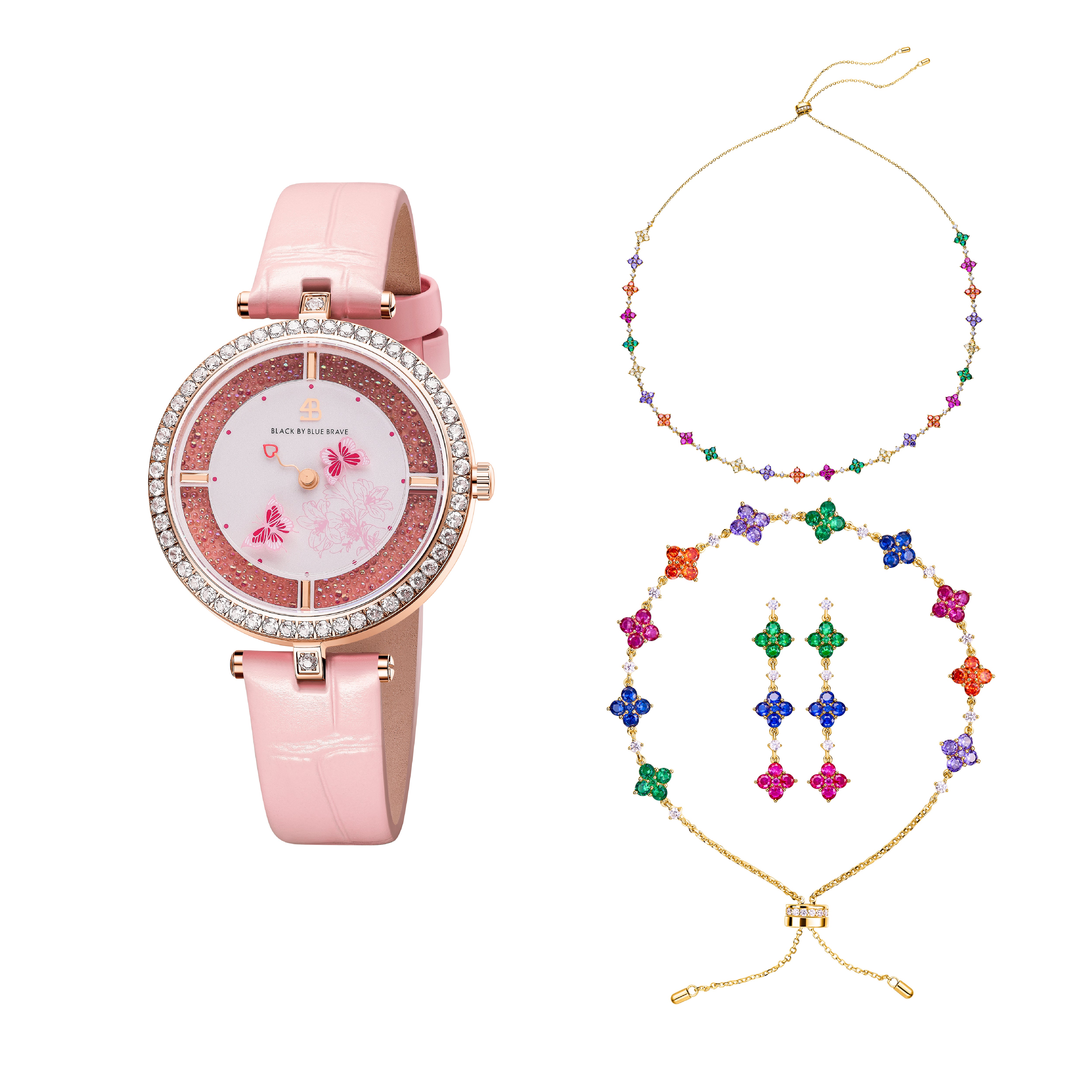 Pink Butterfly Lovers Watch With Butterfly Lovers Clover Bracelet & Necklace & Earrings